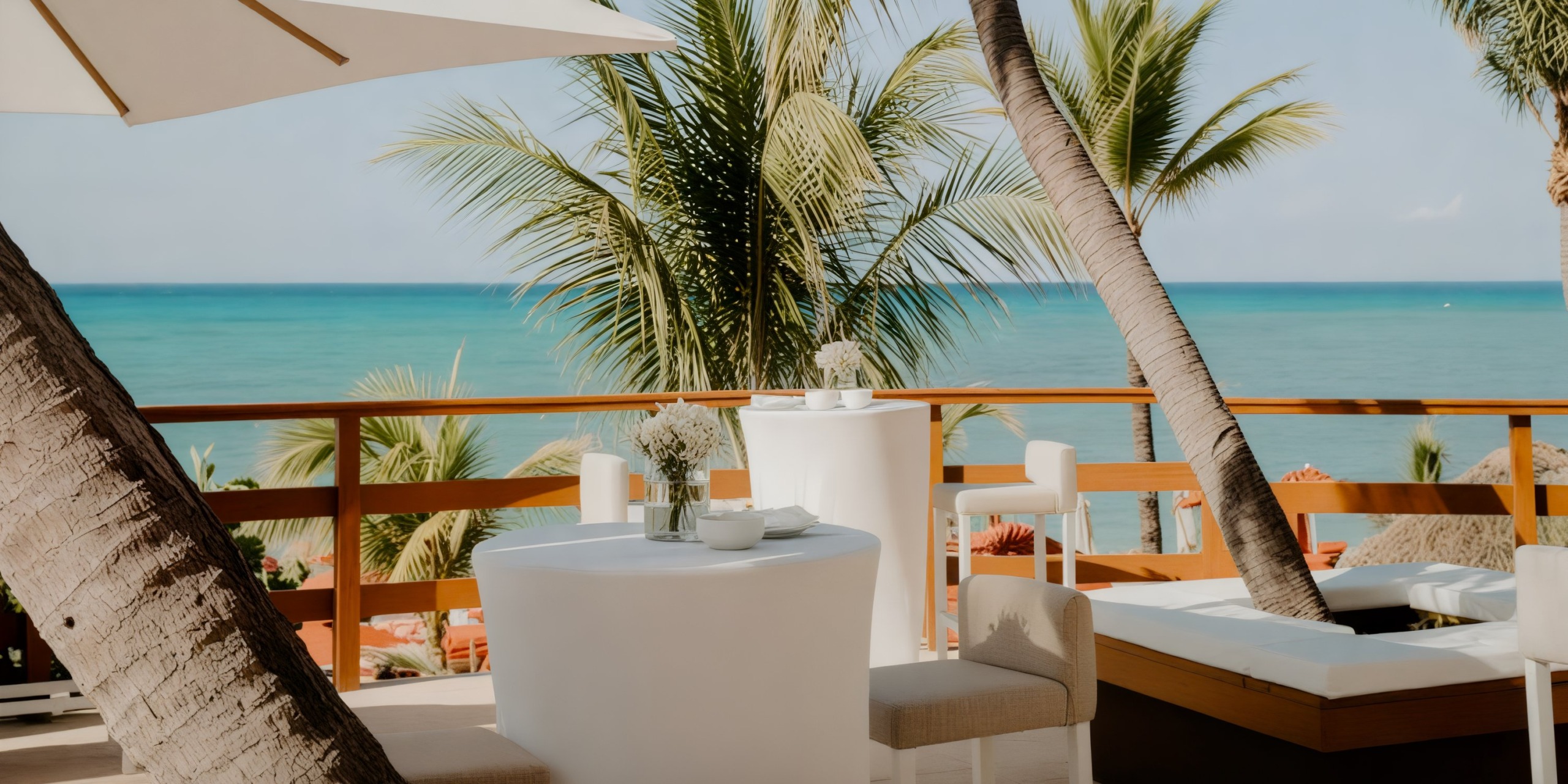 A picturesque destination wedding setup by the ocean, featuring an outdoor dining area surrounded by palm trees under a clear, blue sky.