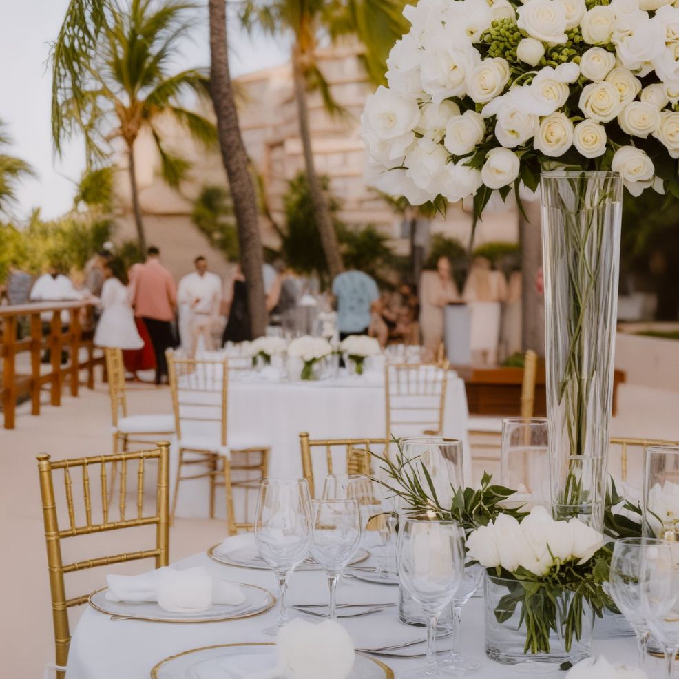 A beautiful destination wedding reception featuring elegantly set tables, vibrant flowers, and guests mingling in the background.