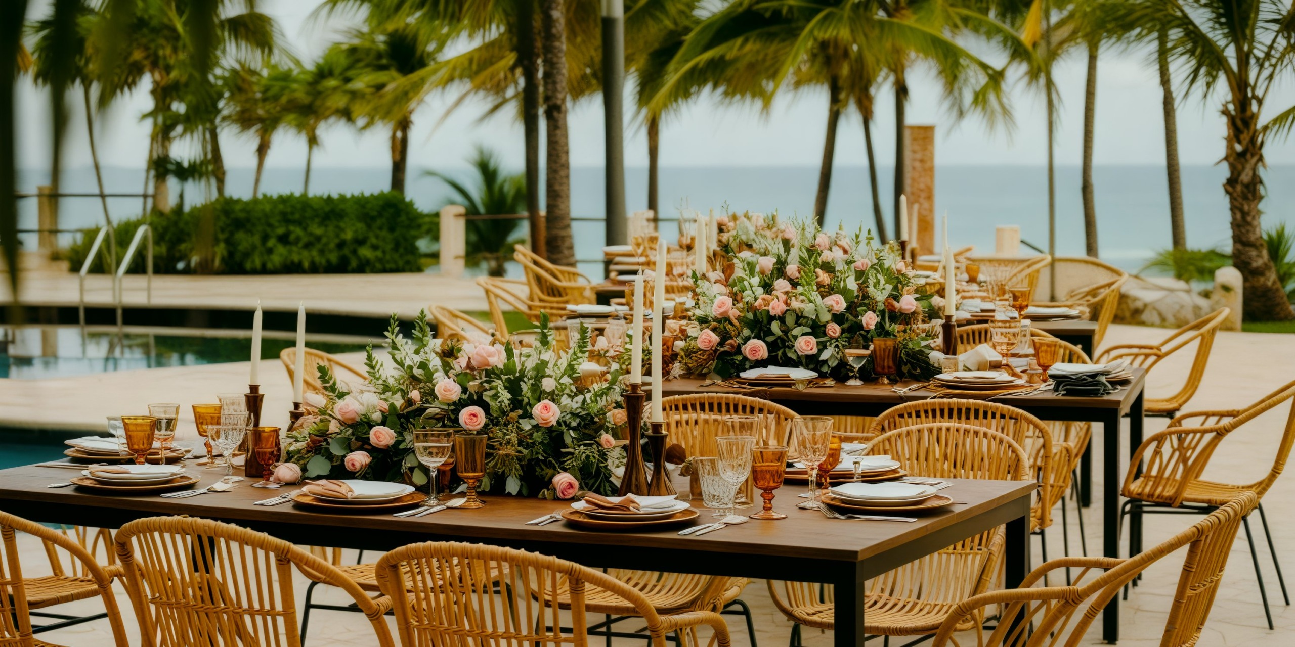 A stunning destination wedding setup featuring floral arrangements, wicker chairs, and a breathtaking ocean view.