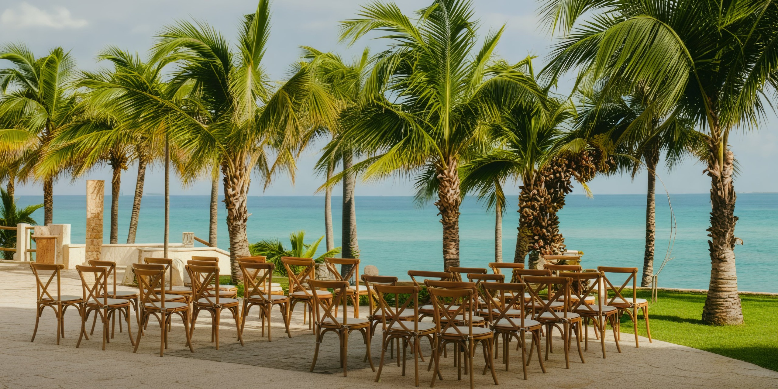 Chairs are arranged outdoors facing a picturesque backdrop of palm trees and the ocean, setting the scene for a stunning destination wedding.