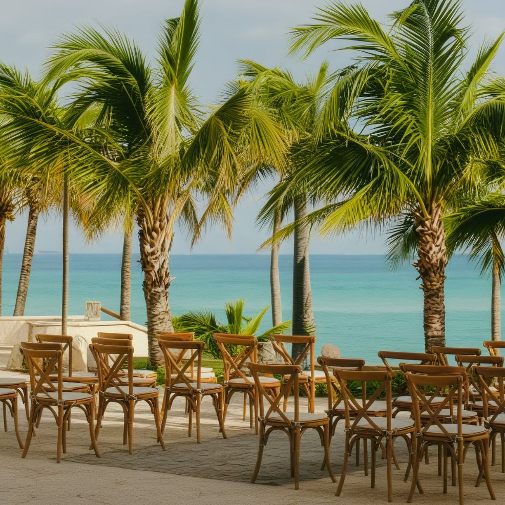 Wooden chairs, set for a destination wedding, stand empty facing the ocean, with palm trees swaying gently in the background.