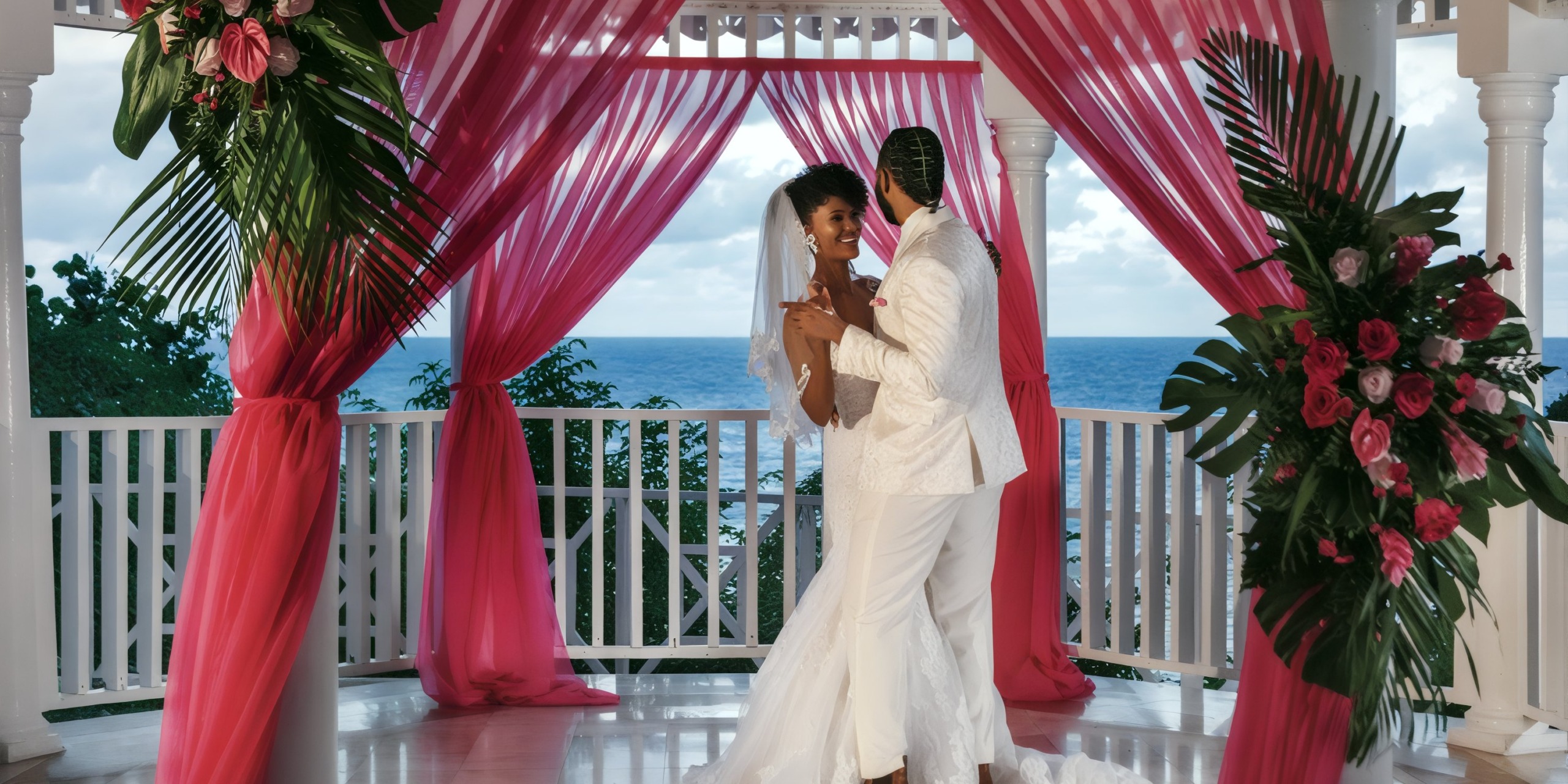 A couple shares a dance at their destination wedding in Grand Palladium Jamaica's oceanfront gazebo, beautifully adorned with pink drapery.