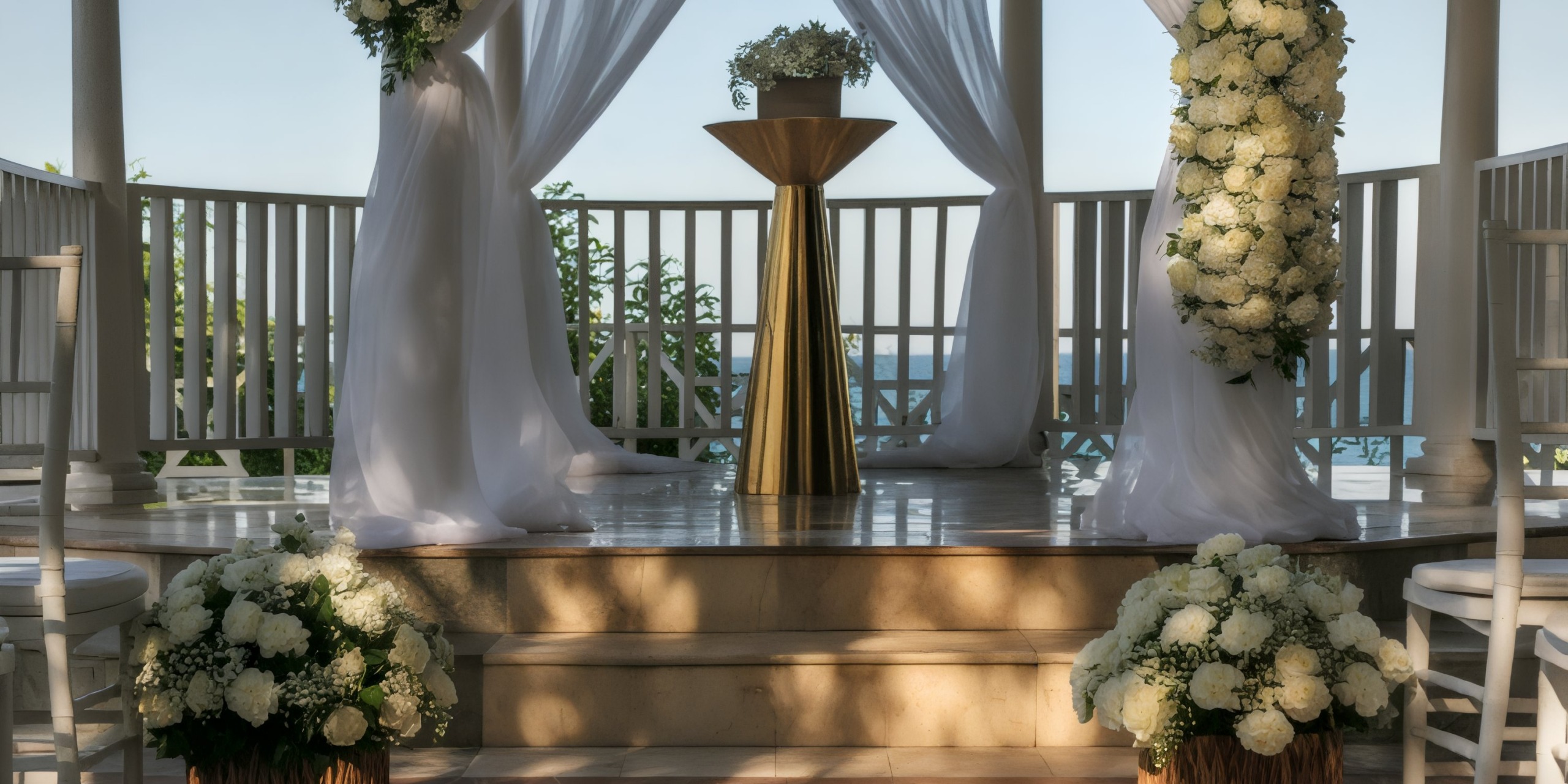 The Grand Palladium Jamaica offers a stunning destination wedding setting with an altar adorned in white flowers and elegantly draped white curtains.