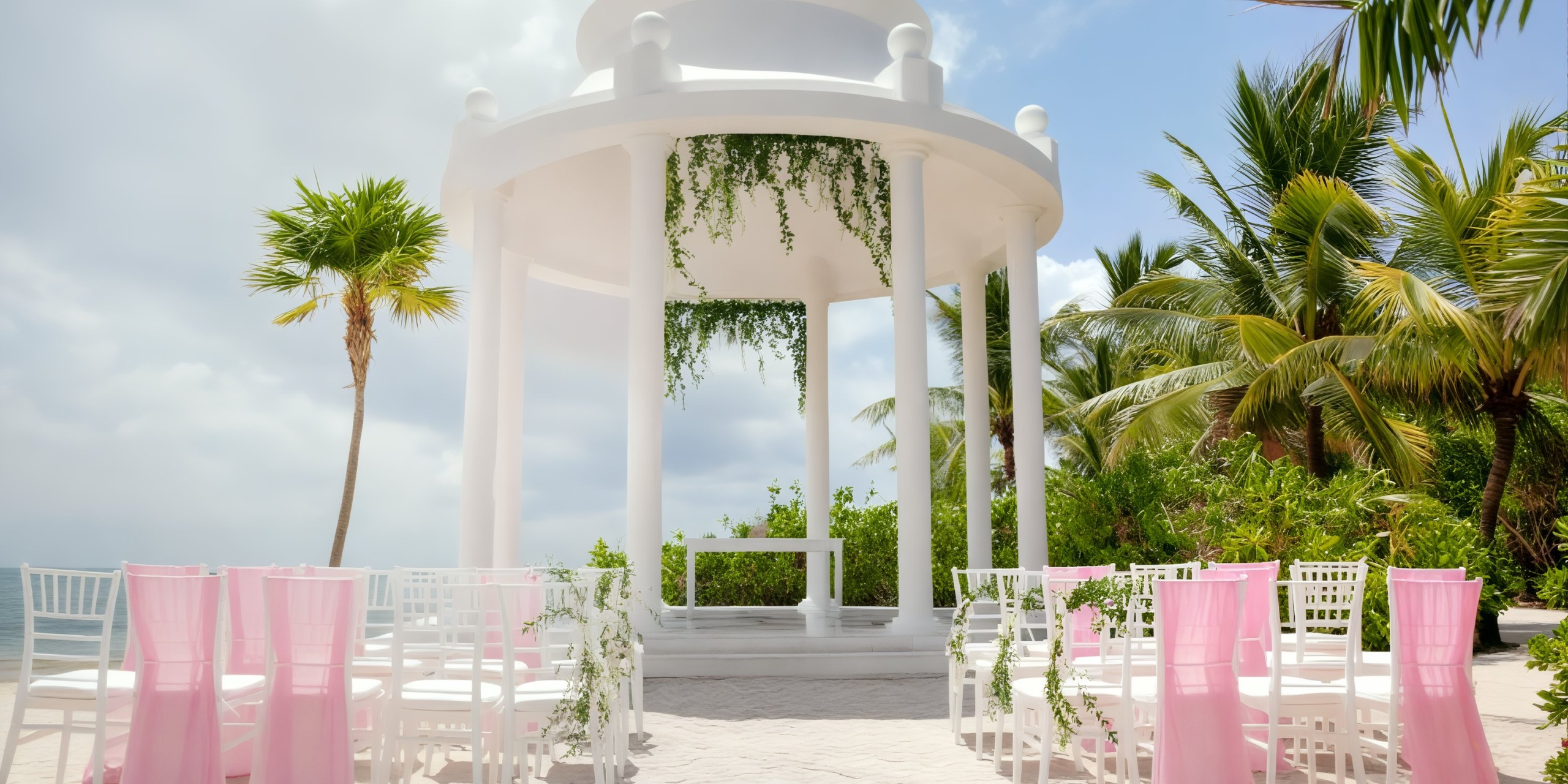 The Grand Palladium White Sand features a picturesque gazebo adorned with pink chairs, surrounded by a circle of palm trees—an ideal setting for a destination wedding.
