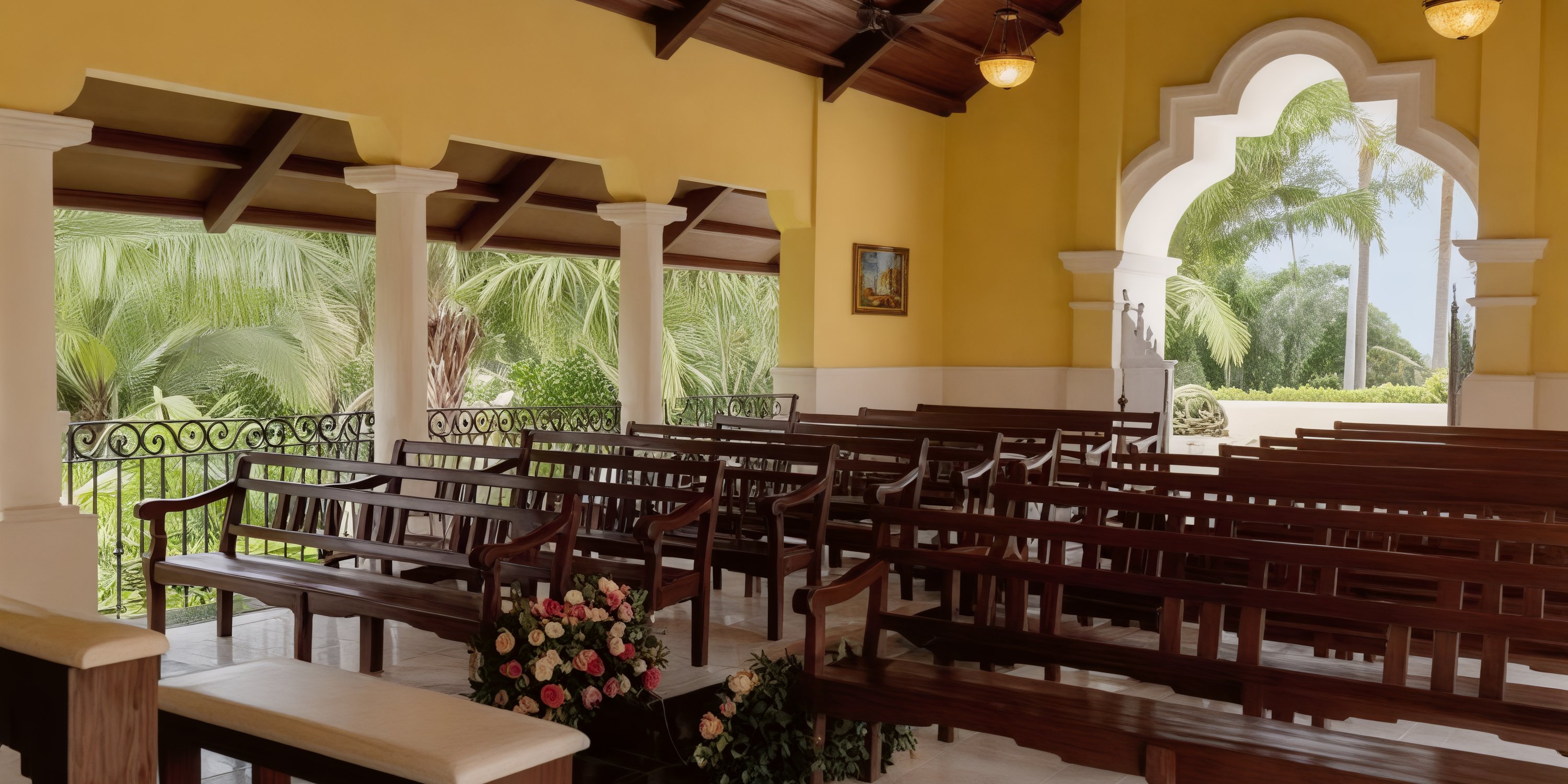 Within the Grand Palladium Vallarta, wooden pews line the space while a large arched window offers a stunning view of tropical greenery—an ideal setting for your destination wedding.