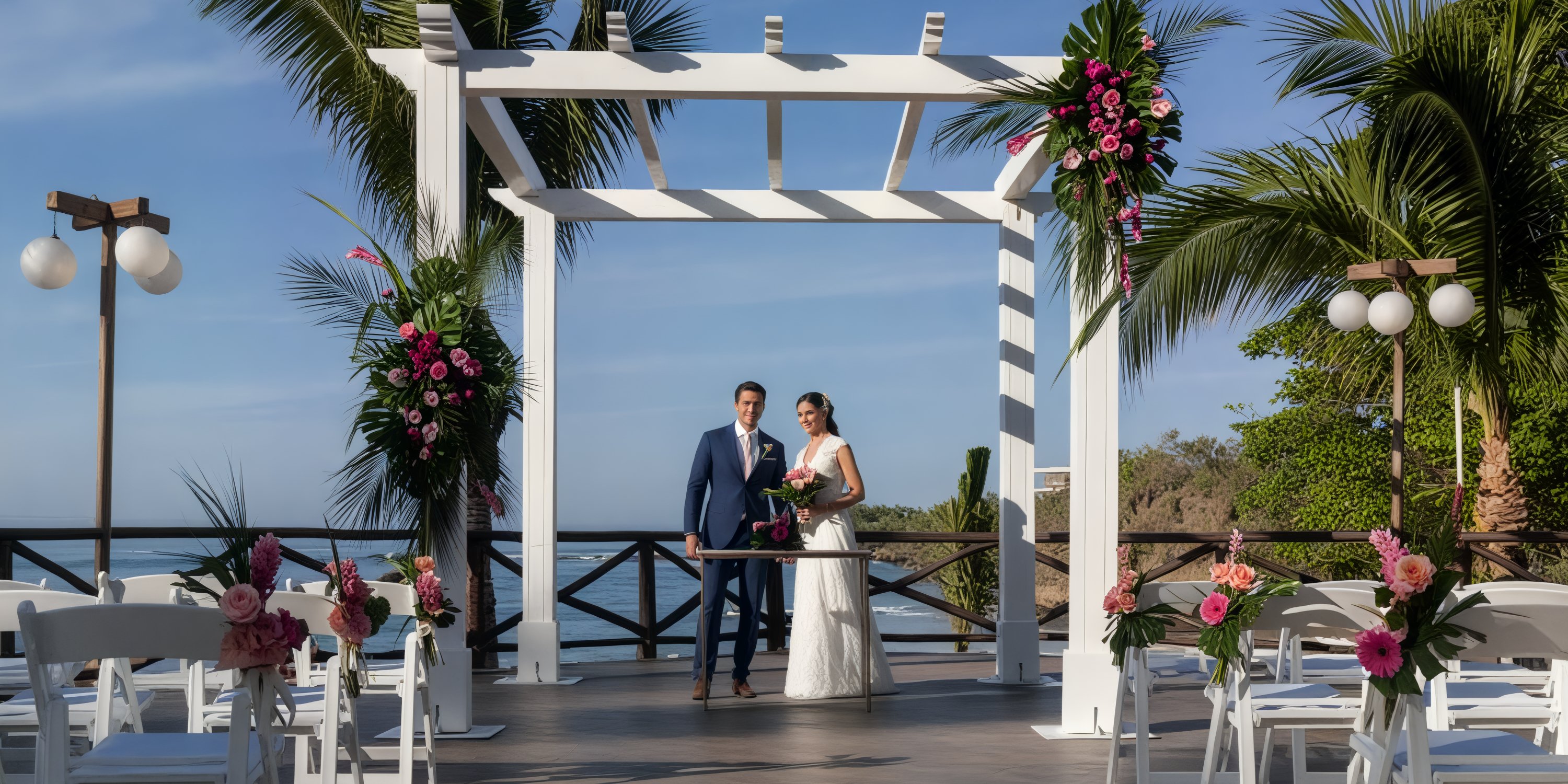 The bride and groom stand beneath a stunning floral arch during their destination wedding at Grand Palladium Vallarta.