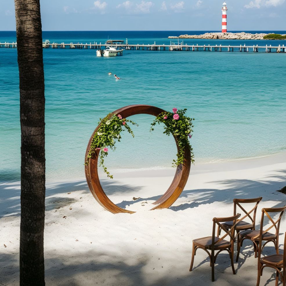 A picturesque beach scene featuring a floral metal arch, perfect for a destination wedding, with chairs set up along the shore, overlooking the ocean. In the distance, a boat sails past while a lighthouse adds to the romantic backdrop.