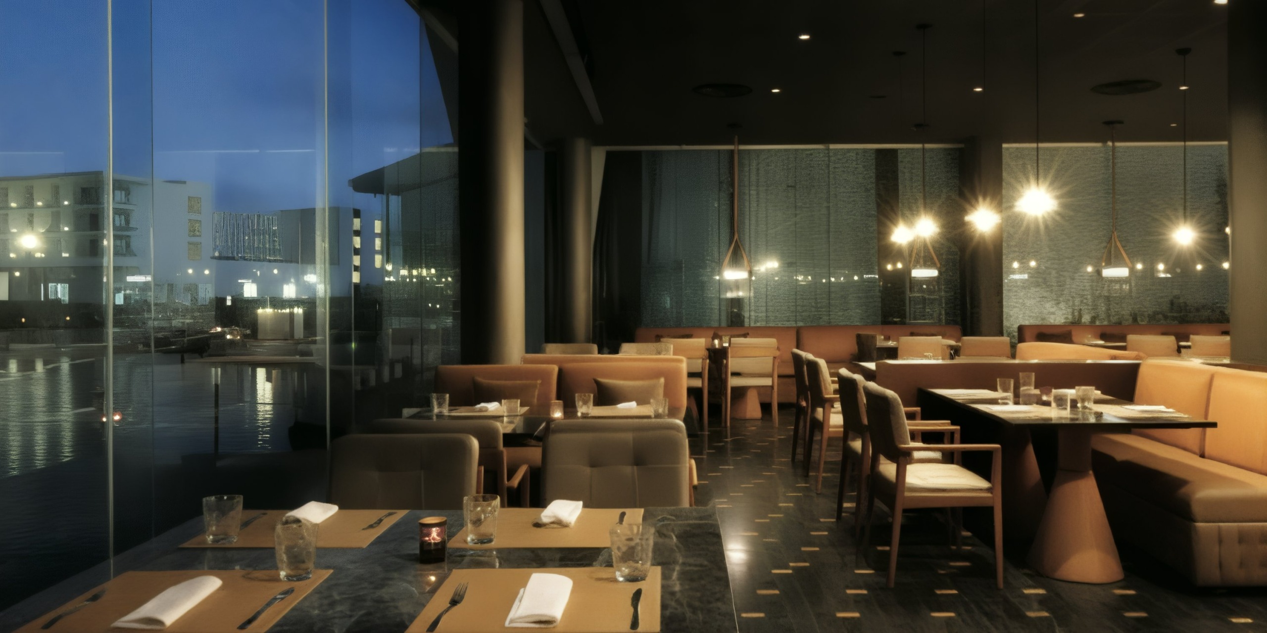 Grand Palladium Costa Mujeres offers a chic interior with dim lighting and neatly arranged tables by large windows, making it an ideal setting for a destination wedding.