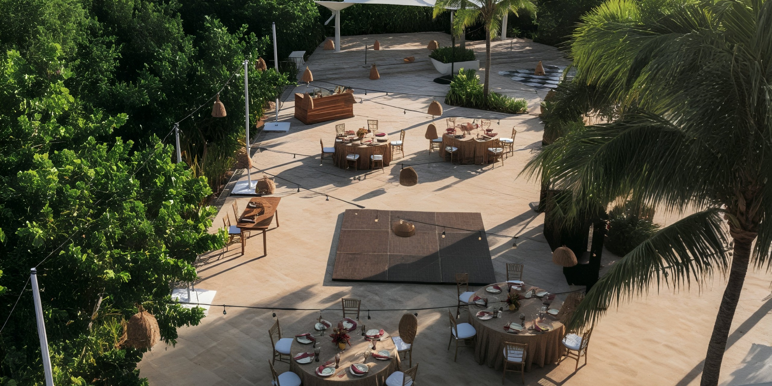Grand Palladium Costa Mujeres offers a charming outdoor space perfect for a destination wedding, featuring tables, chairs, lush greenery, and a dance floor.