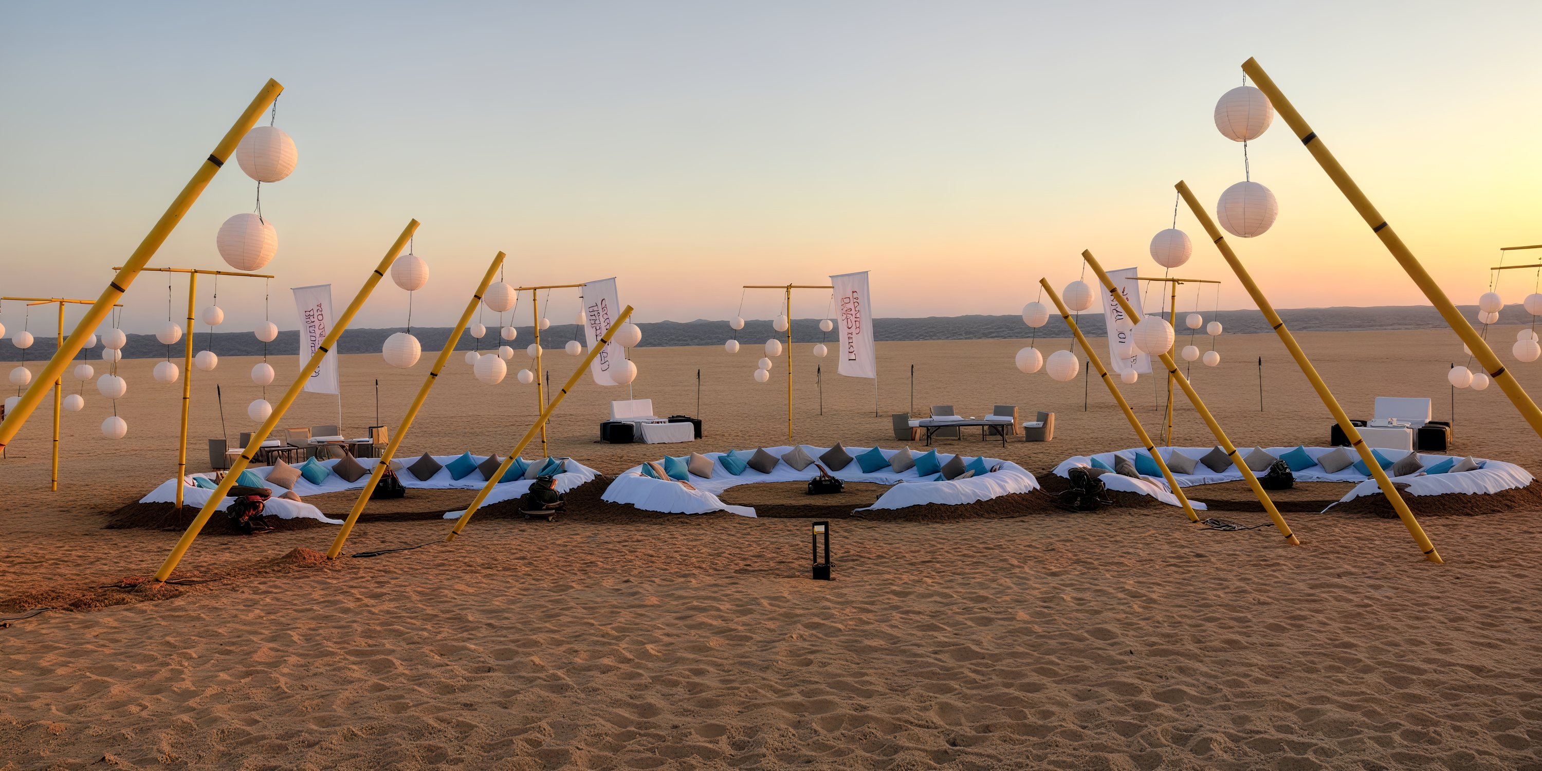 Hard Rock Los Cabos: Perfect for a destination wedding, featuring cushioned desert seating and lanterns illuminated under a clear sky.