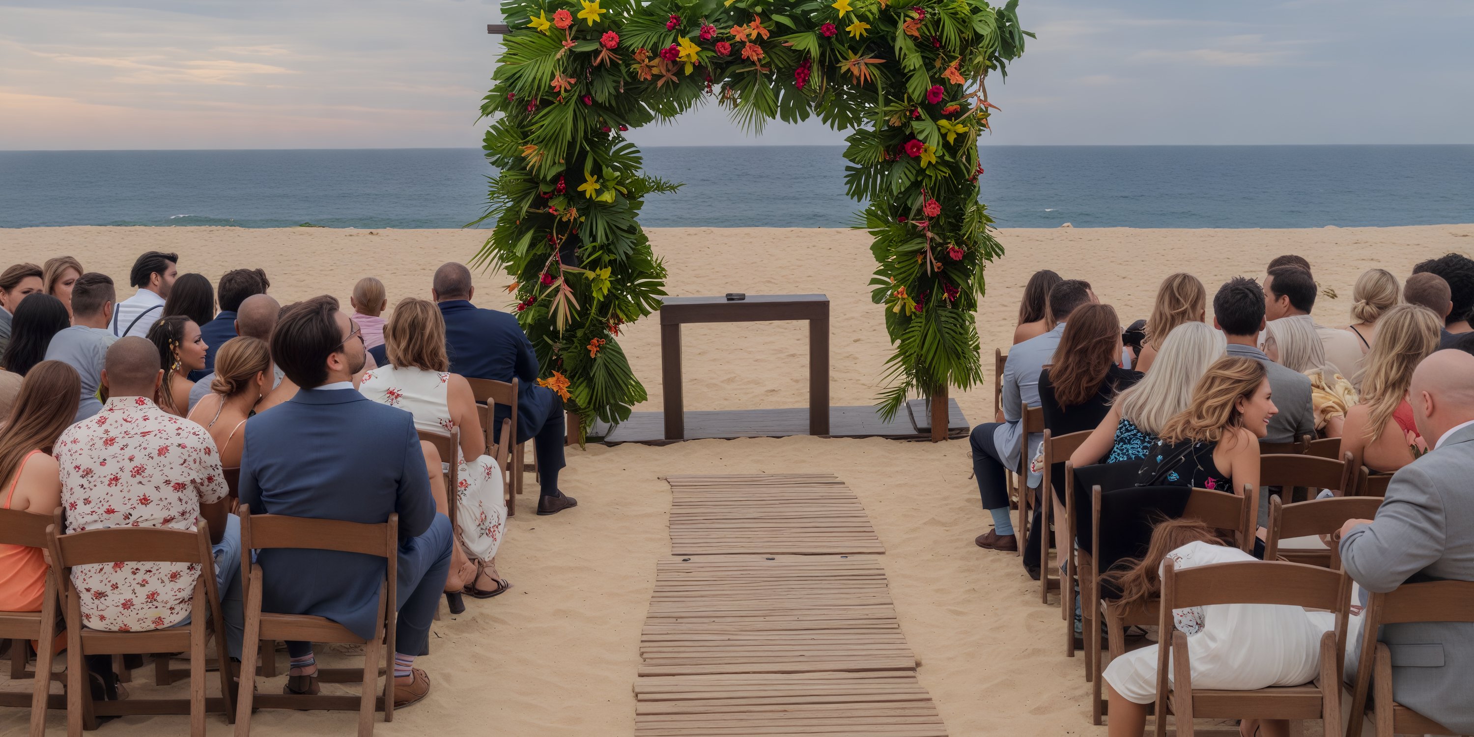 Experience the enchanting setup of a Hard Rock Los Cabos destination wedding, featuring elegantly arranged seats and a stunning floral arch against the mesmerizing ocean backdrop.