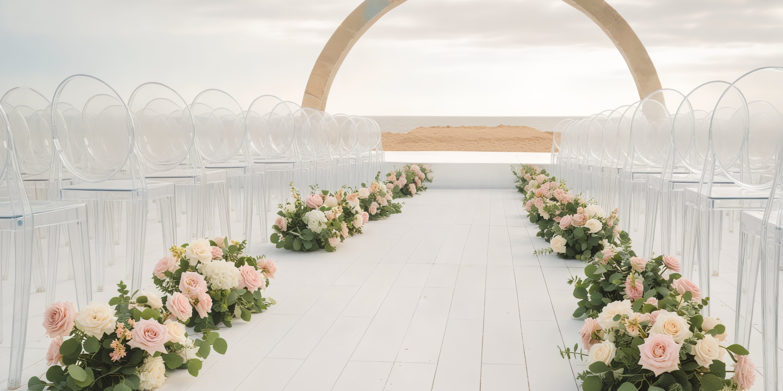 An outdoor destination wedding aisle at Hard Rock Los Cabos is beautifully adorned with florals and clear chairs, all arranged to face a stunning circular arch.