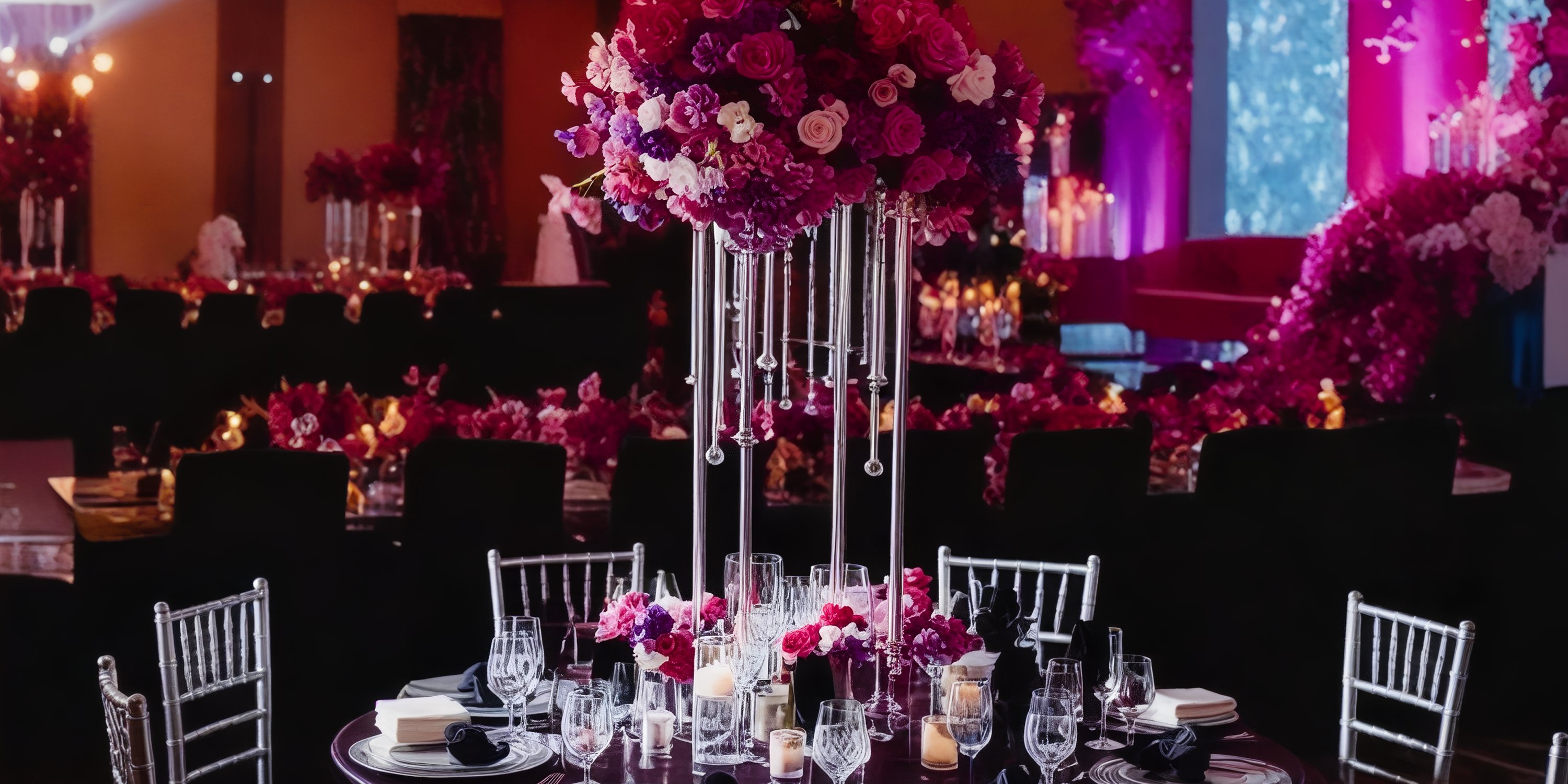 Sophisticated table arrangement featuring a towering floral centerpiece and a candlelit atmosphere, perfect for a destination wedding.