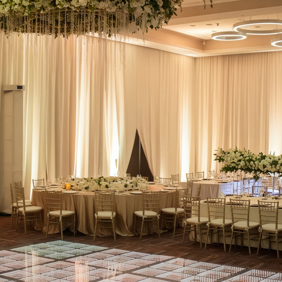 An elegant banquet hall perfect for a destination wedding, featuring round tables adorned with white flowers and beautifully draped curtains.