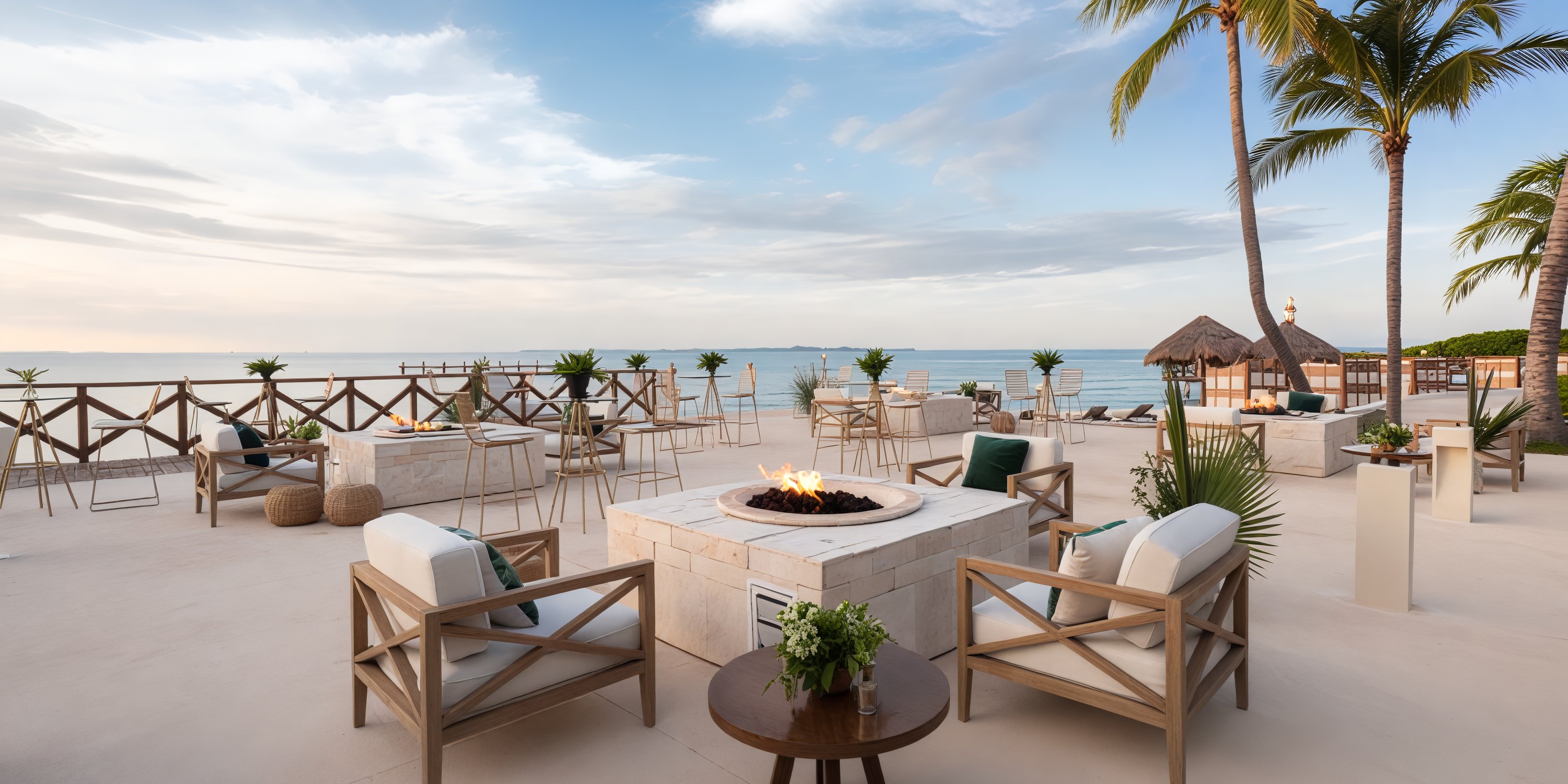 Hyatt Ziva Cancun offers a stunning terrace perfect for a destination wedding, featuring cozy fire pits and comfortable chairs against the backdrop of an ocean view beneath a partly cloudy sky.