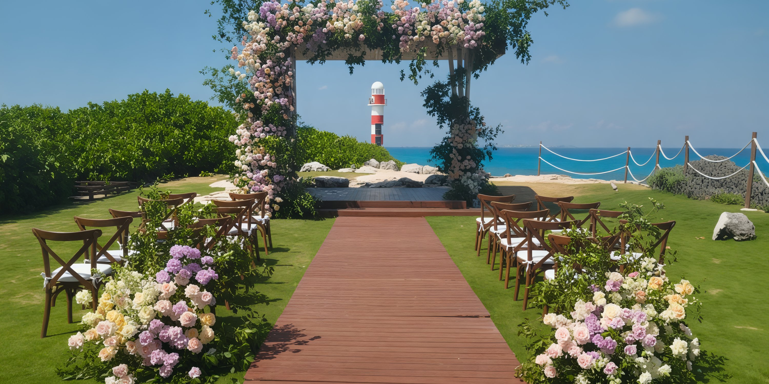 Hyatt Ziva Cancun offers a breathtaking destination wedding experience with a picturesque aisle adorned by a floral arch, all set against the stunning backdrop of a lighthouse view.