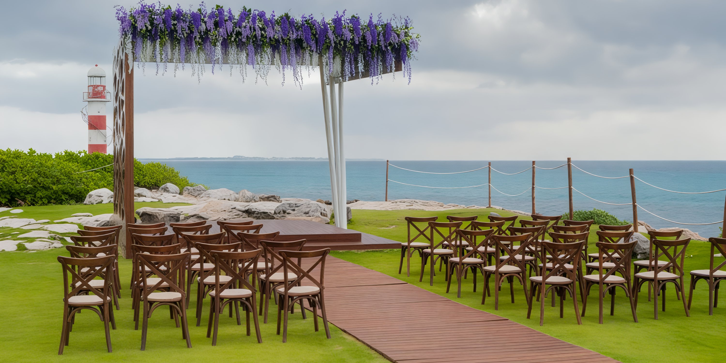 Hyatt Ziva Cancun: Experience a stunning destination wedding by the seaside, featuring wooden chairs and a beautifully adorned floral arch.