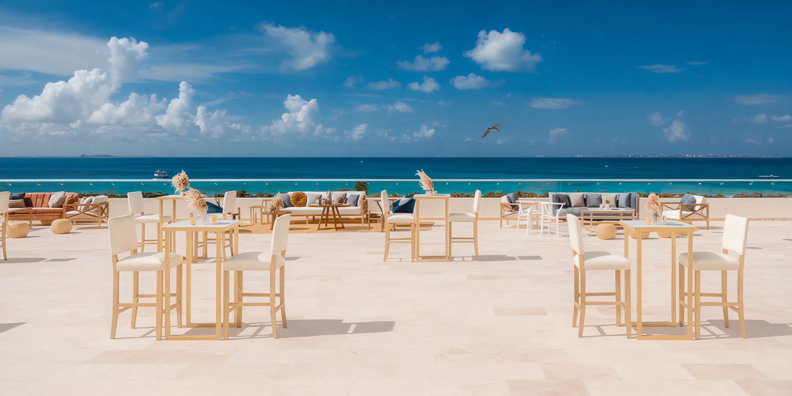 Hyatt Ziva Cancun's beachfront patio, with its high tables and chairs set against a backdrop of clear blue skies, provides an idyllic setting for a destination wedding.