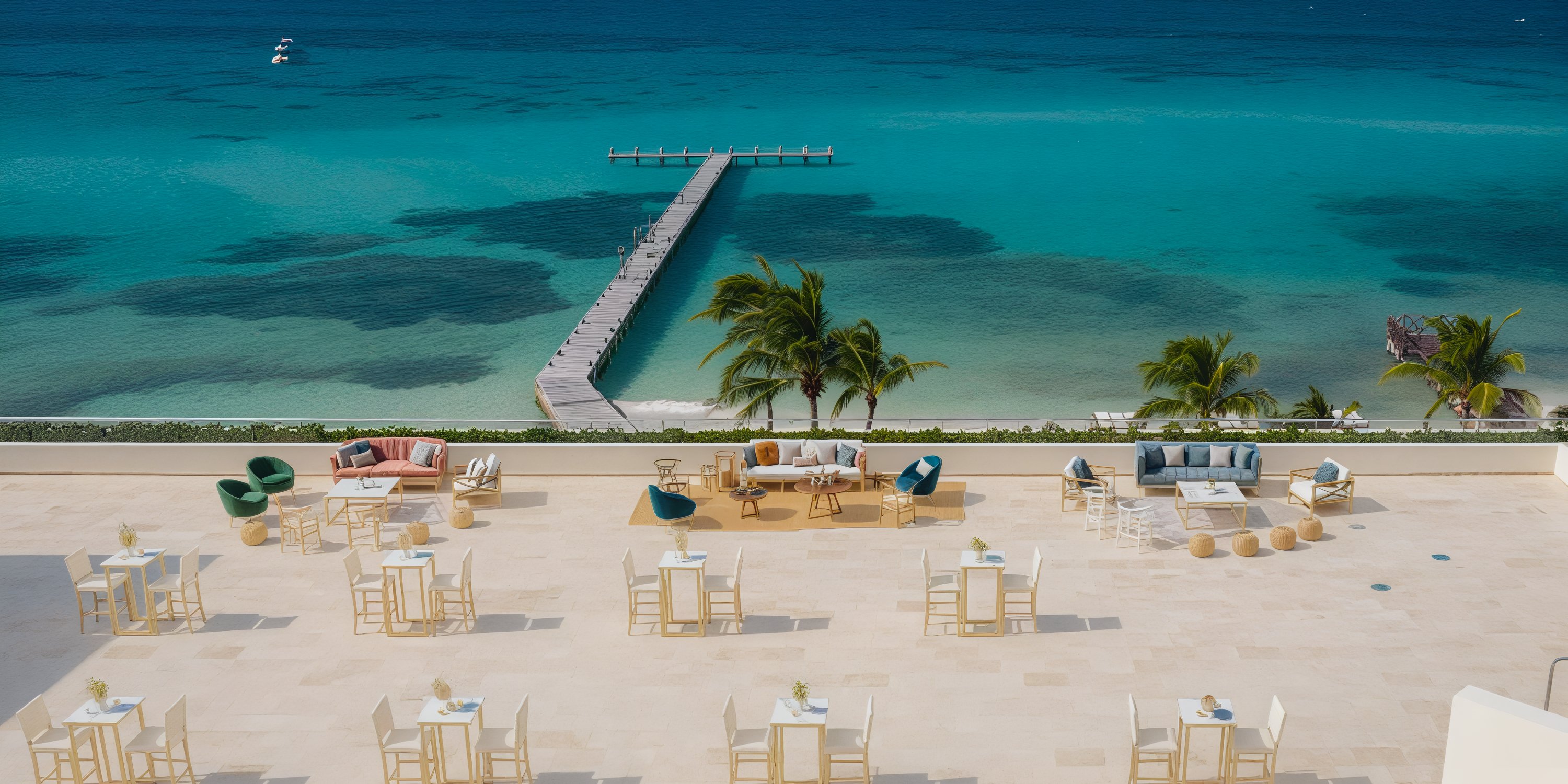 The terrace seats at Hyatt Ziva Cancun offer a breathtaking view of the turquoise ocean, with a wooden pier gracefully extending into the water—an idyllic setting for a destination wedding.