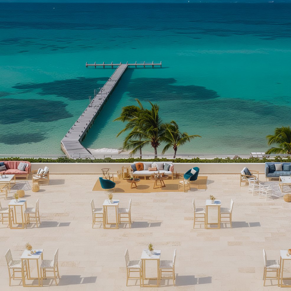 A terrace adorned with tables offers a stunning viewpoint of the pier and turquoise ocean, framed by swaying palm trees, making it an idyllic setting for a destination wedding.