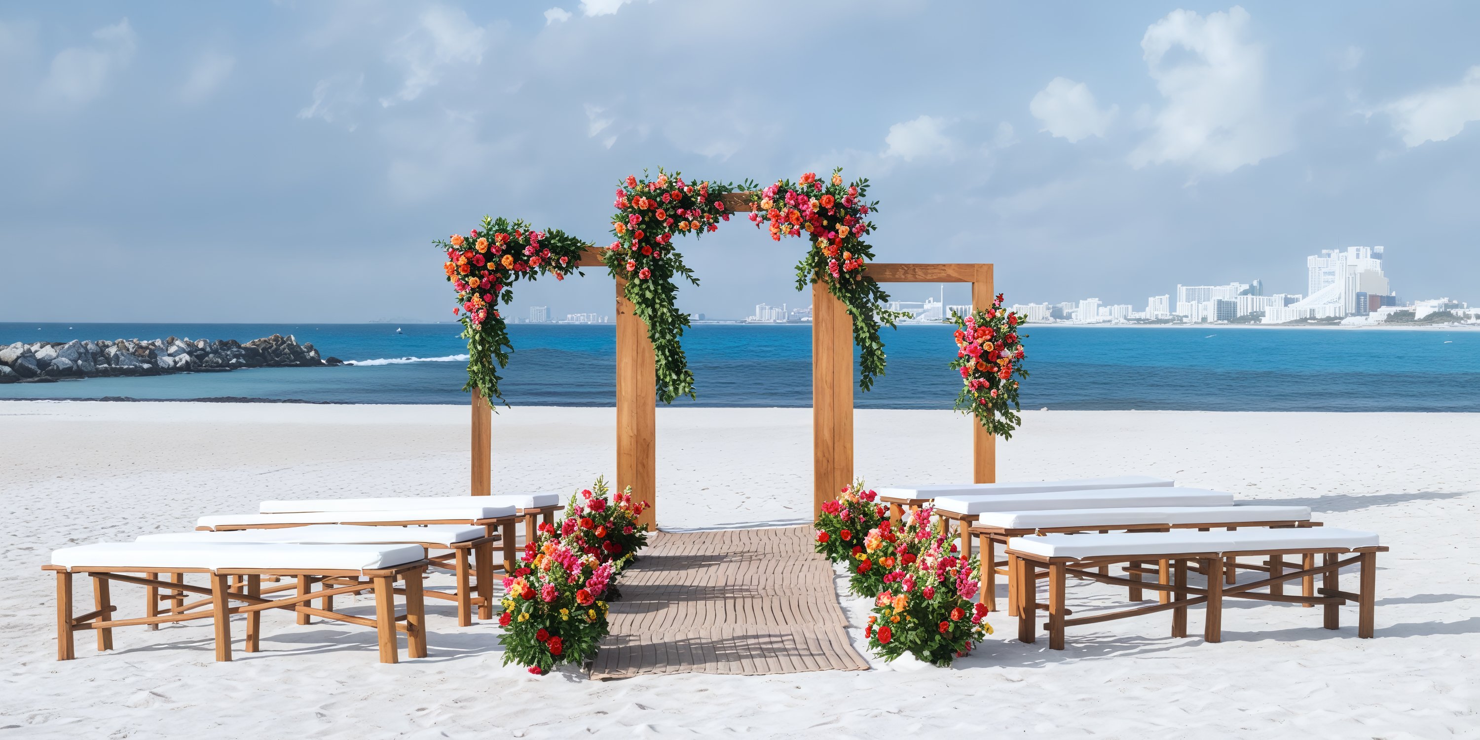 The beach wedding at Hyatt Ziva Cancun features a stunning wooden arch adorned with floral decor and offers benches with breathtaking sea views, perfect for a destination wedding.