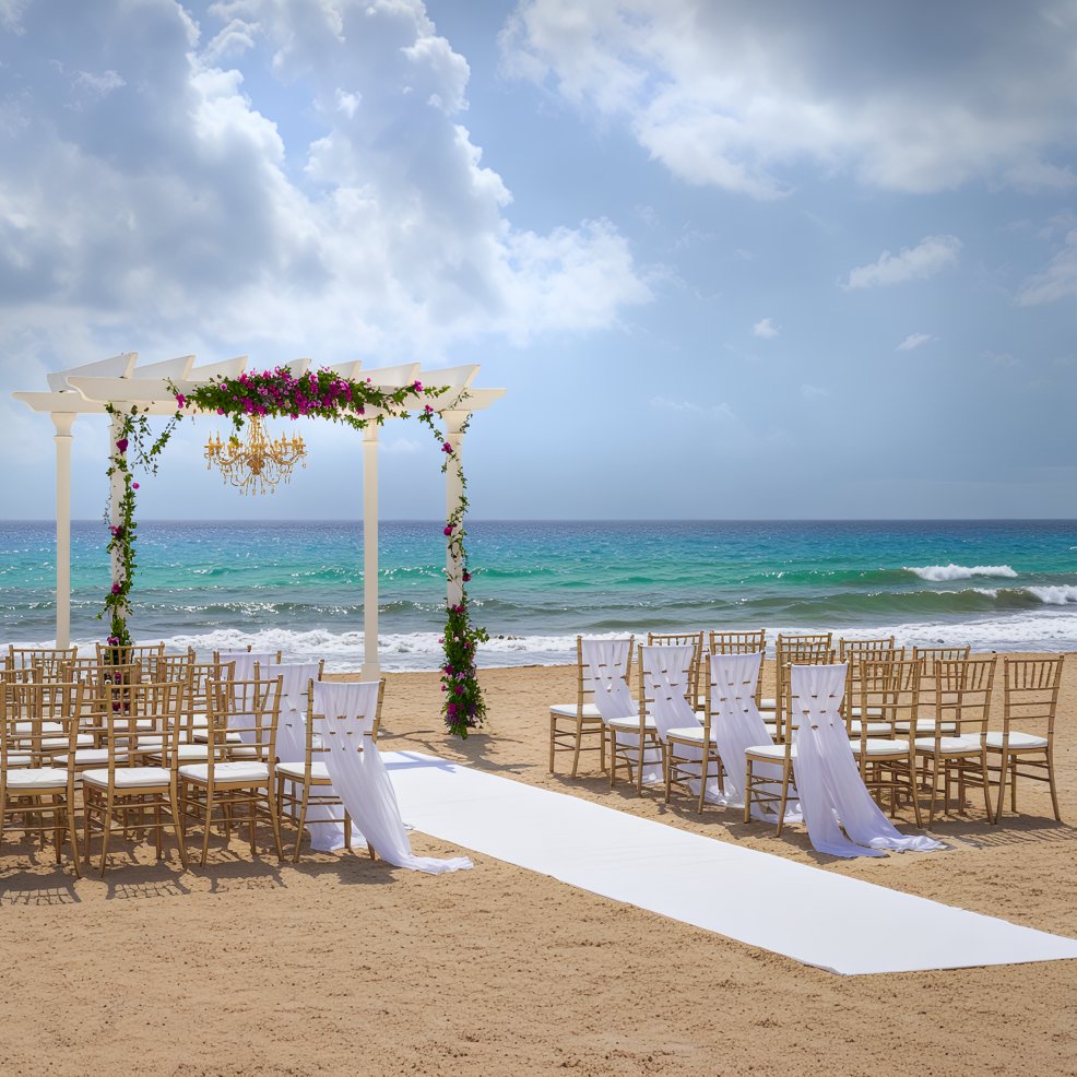 Destination wedding arrangement featuring a scenic beach setting, complete with chairs, a floral arch, and a chandelier by the shoreline.