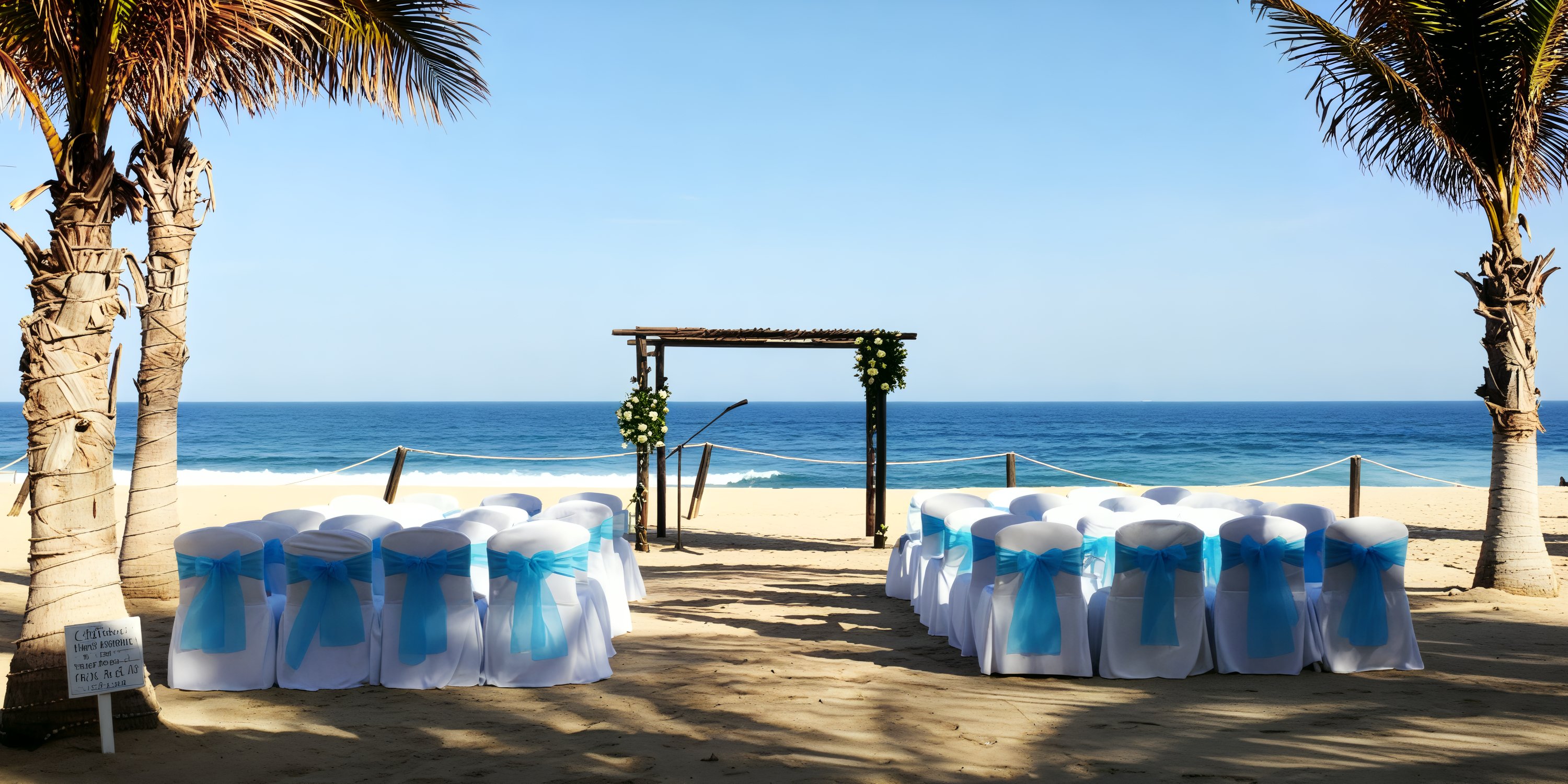 Hyatt Ziva Los Cabos offers a breathtaking ocean view for your destination wedding, complete with a beautifully arranged beach setup featuring chairs and an elegant arch.