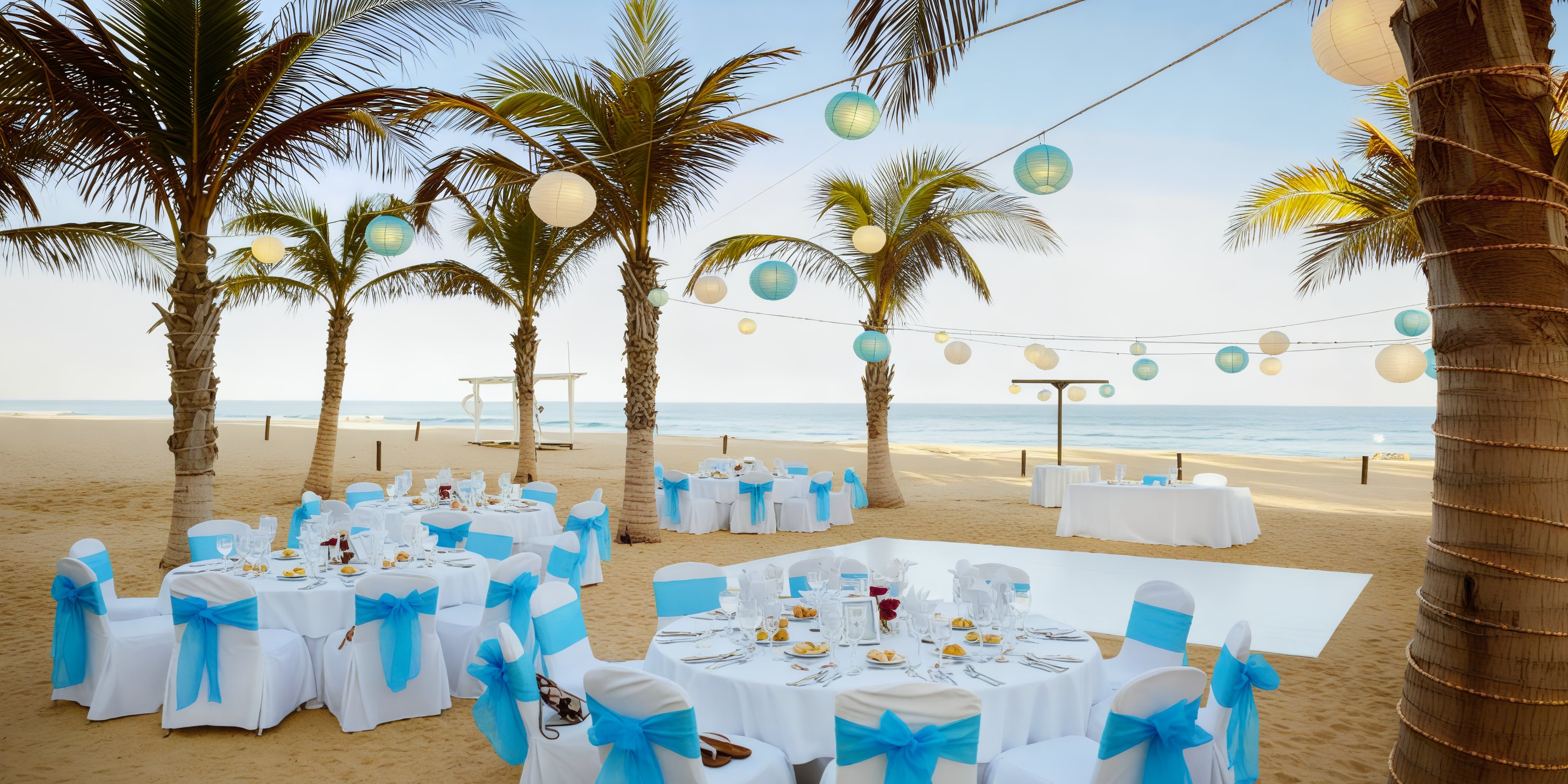 Hyatt Ziva Los Cabos offers a stunning beach setup for destination weddings, featuring elegant tables and chairs beautifully arranged under swaying palm trees, accompanied by the soft glow of lanterns.