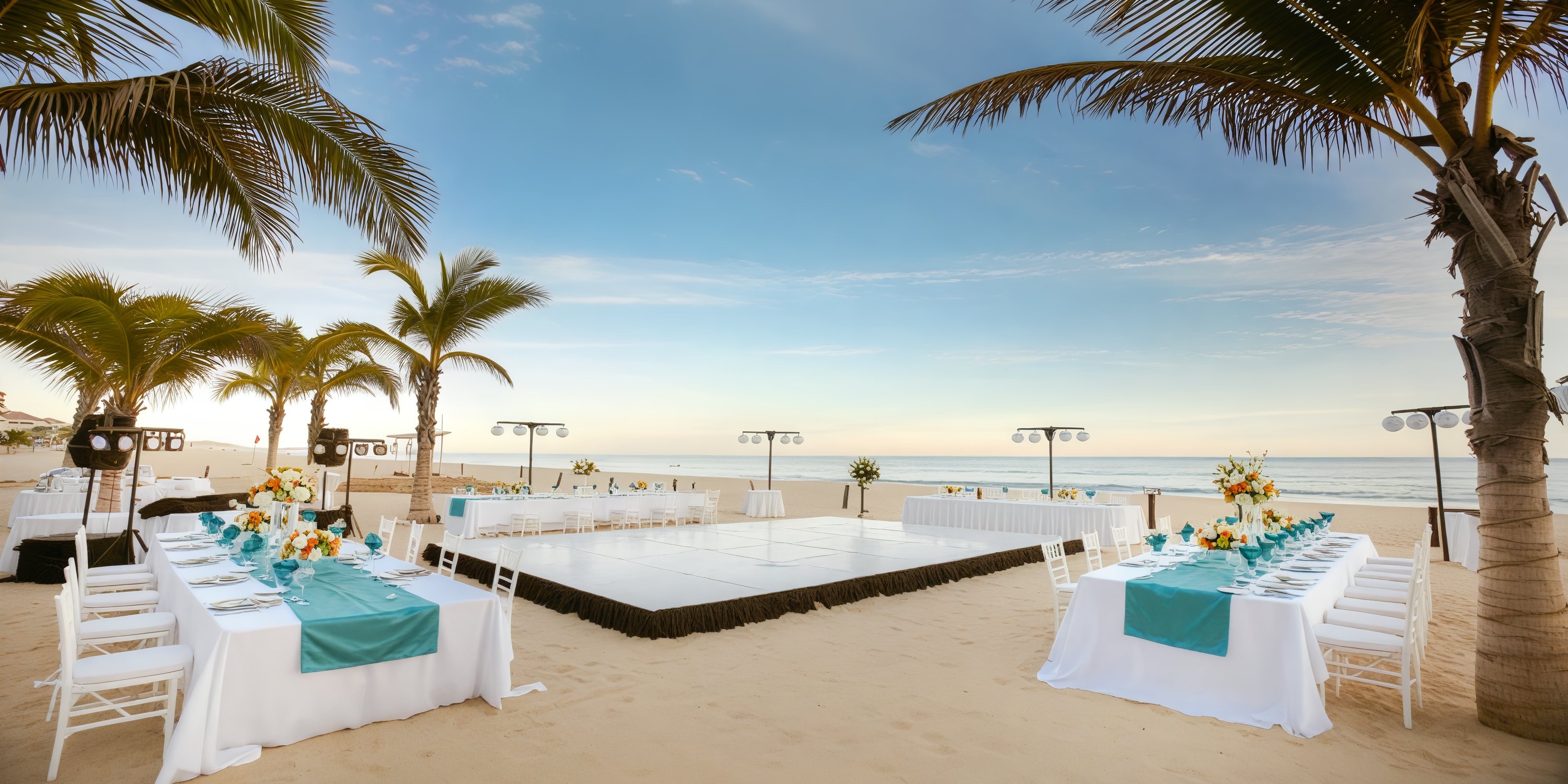 The wedding setup at Hyatt Ziva Los Cabos features tables, chairs, and a dance floor nestled under the swaying palms, creating a picturesque destination wedding backdrop on the beach.