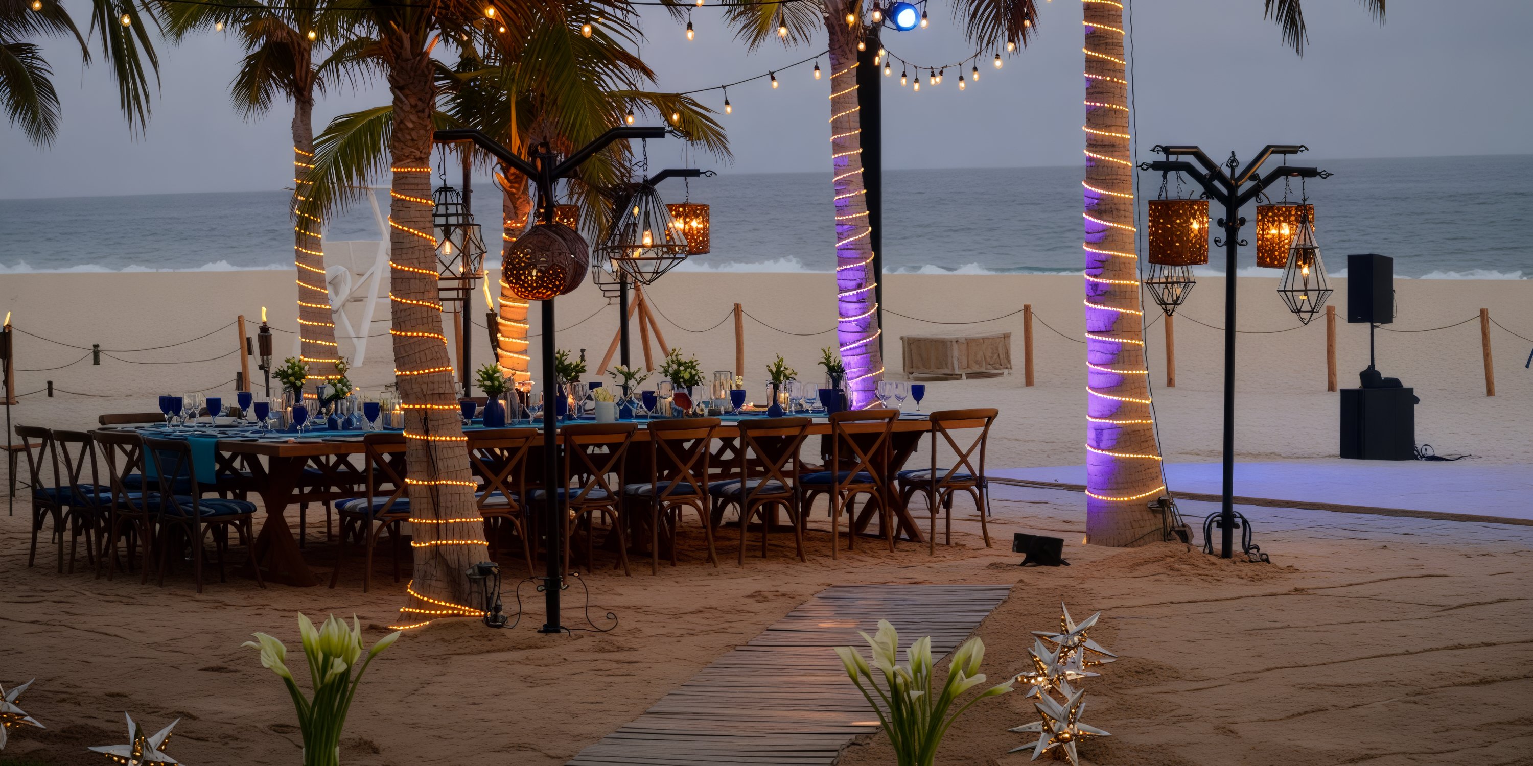 Experience a magical beachside dinner at Hyatt Ziva Los Cabos, where the ambiance is perfect for a destination wedding. Enjoy an evening under lit palm trees and beautifully decorated tables, creating unforgettable memories.