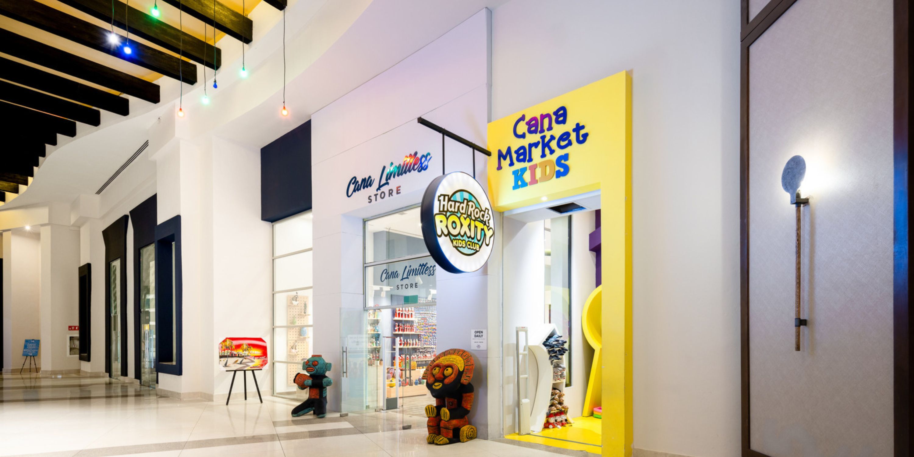 Hard Rock Punta Cana provides vibrant store entrances and decorative hallway lights, creating a perfect ambiance for a memorable destination wedding.