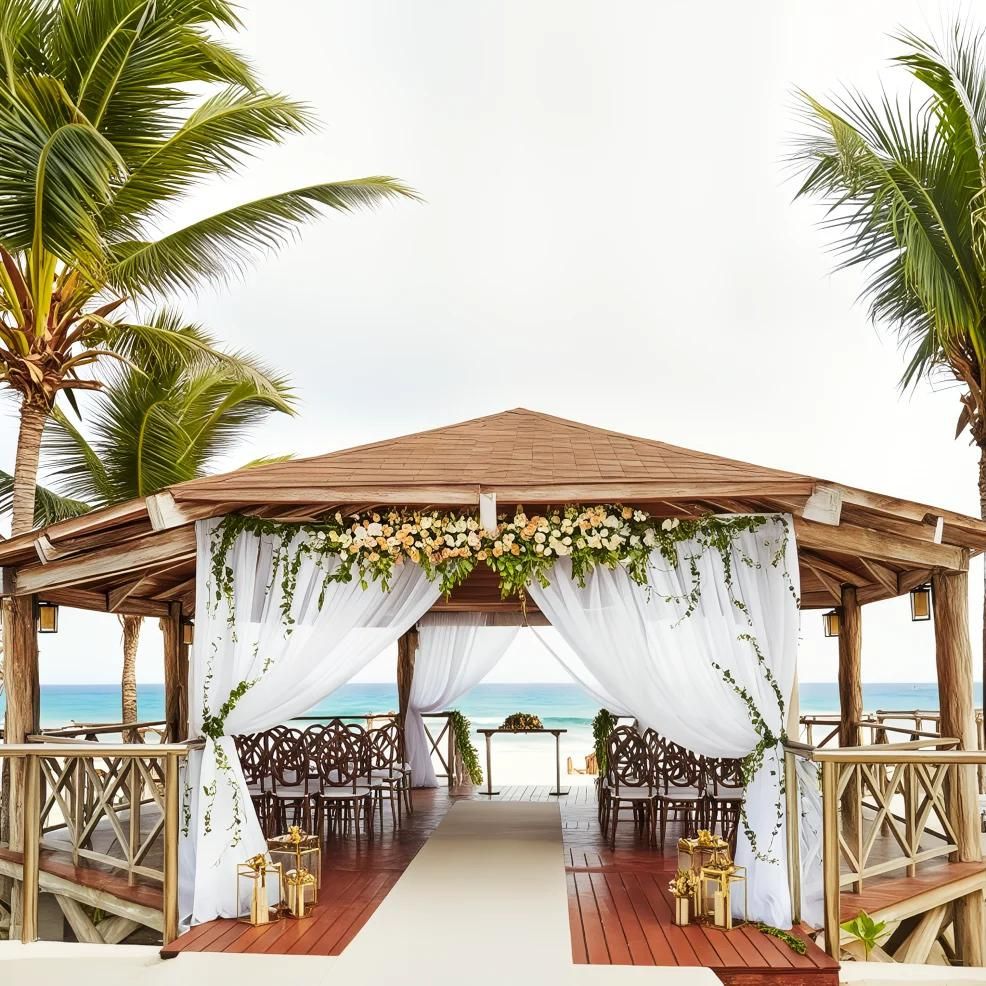 A beachfront gazebo is decorated with white drapes and flowers, surrounded by palm trees, with chairs arranged for a ceremony overlooking the ocean.