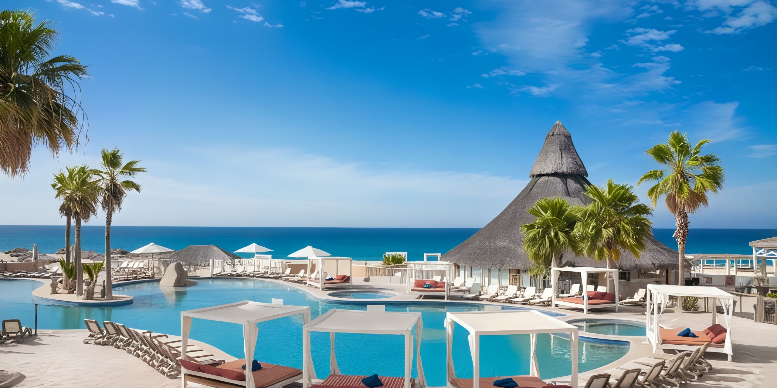 Sandos Finisterra Los Cabos offers a stunning resort experience with a pool surrounded by lounge chairs, cabanas, and a thatched-roof structure, all set against the breathtaking backdrop of the ocean and a blue sky dotted with clouds.