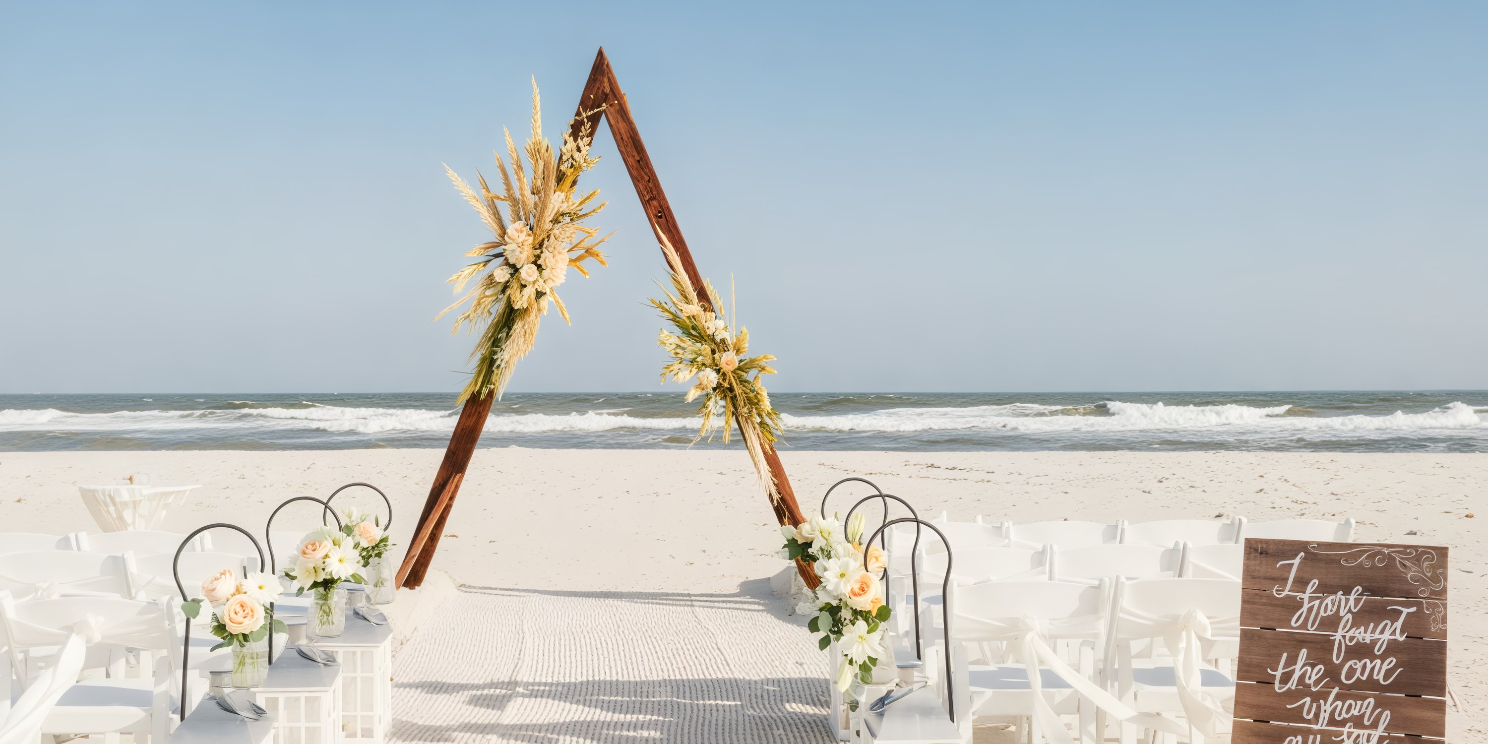 Majestic Mirage destination weddings feature a stunning triangular beach arch adorned with flowers, complemented by elegant white chairs.
