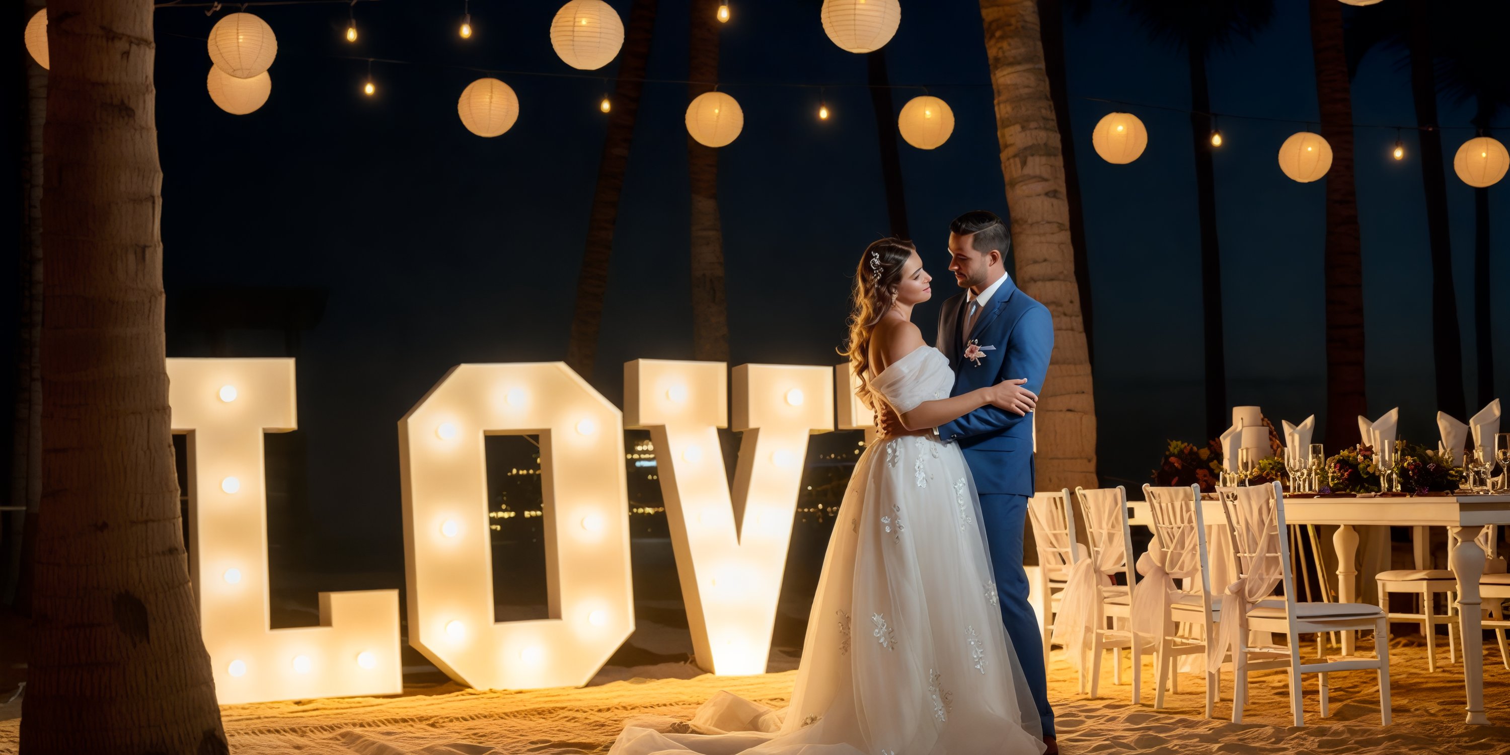 Under the night sky, a couple embraces in front of the grand, illuminated "HOTEL RIU PALACE CABO SAN LUCAS" sign, celebrating their destination wedding.