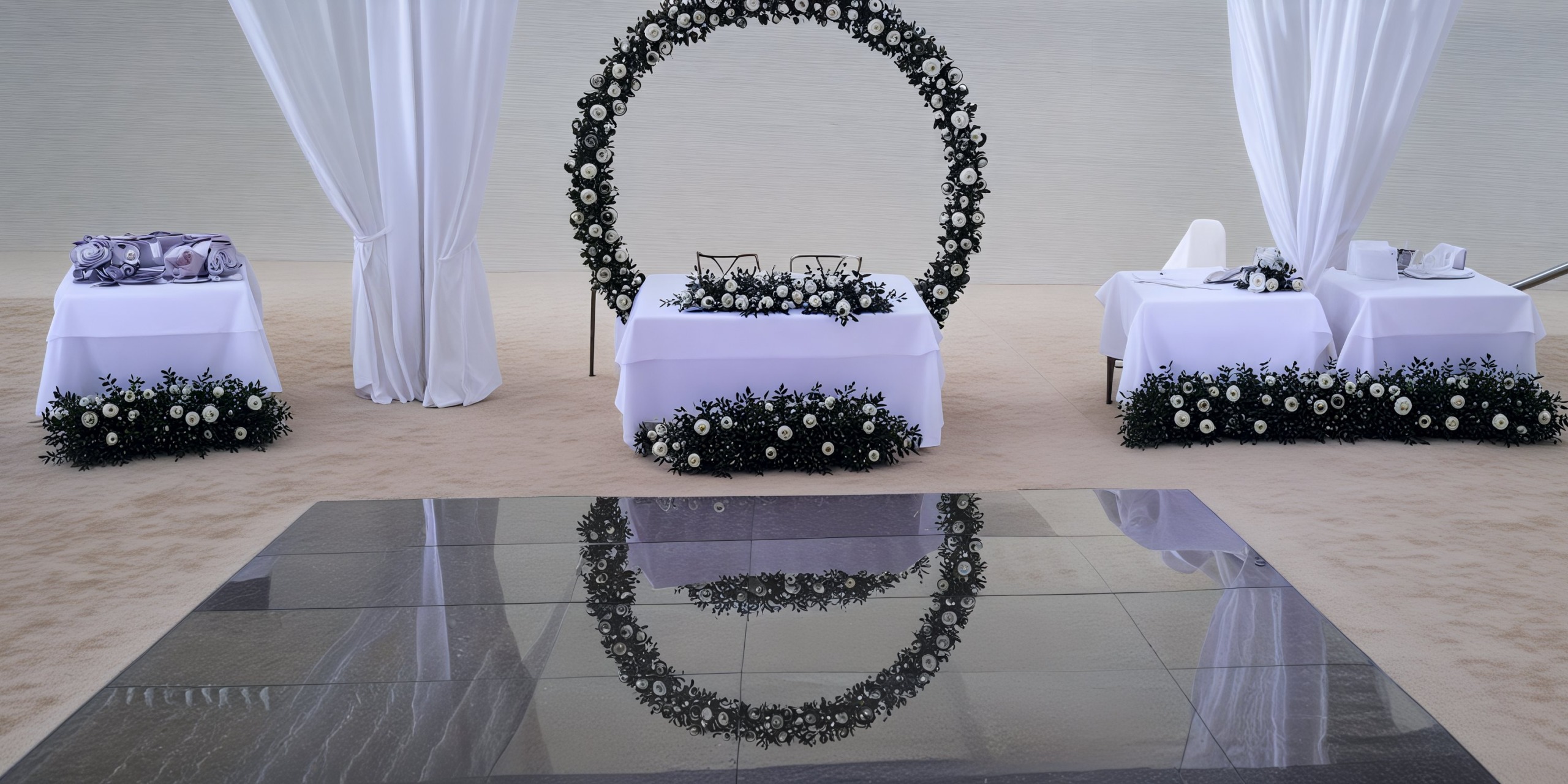 Experience an enchanting destination wedding at Hotel Riu Palace Las Americas, featuring a stunning floral arch, elegantly draped tables, and a reflective floor.
