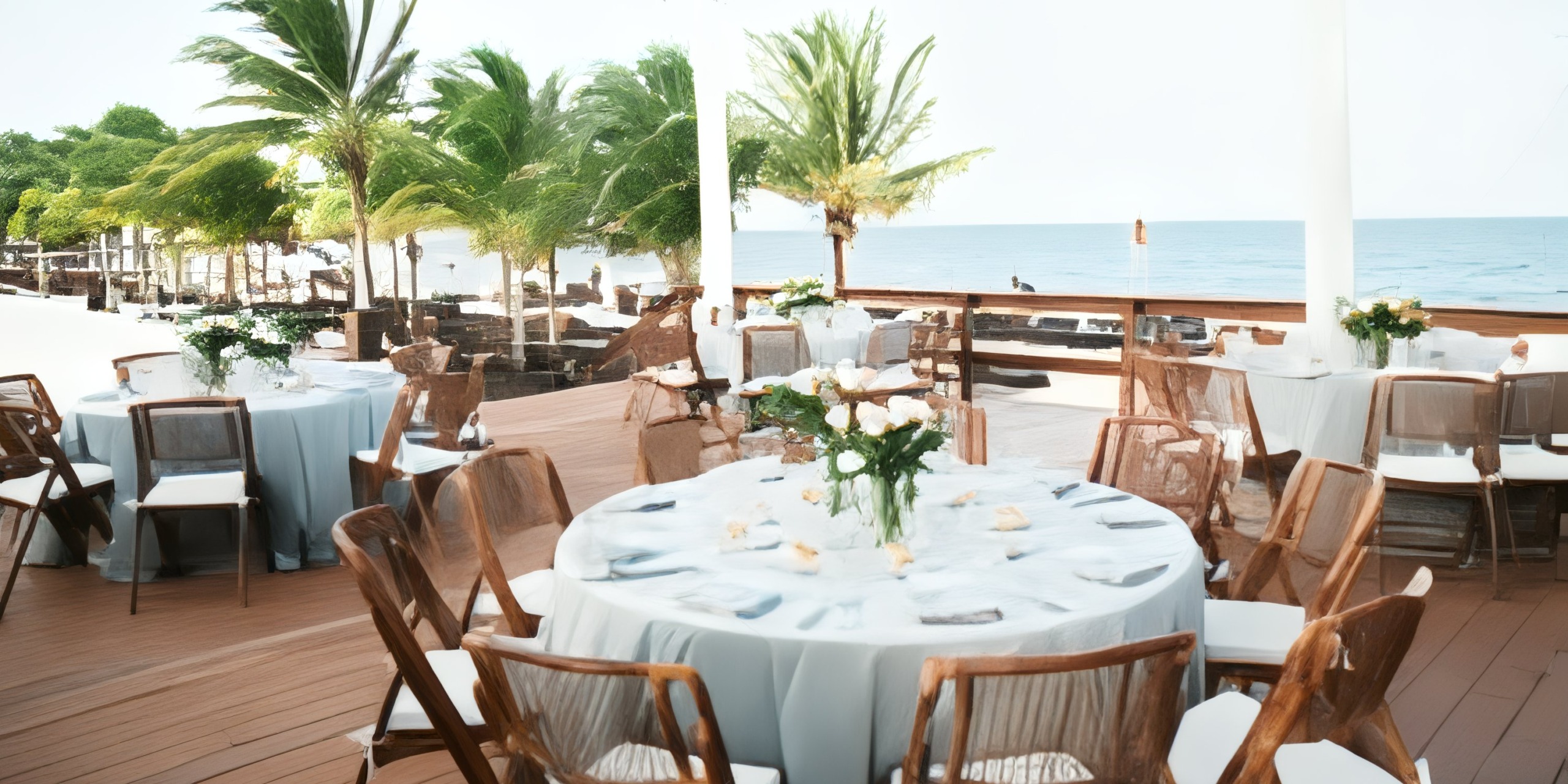 Royalton Riviera Cancun: A picturesque setting for a destination wedding, featuring outdoor dining with round tables, chairs, and surrounded by palm trees.