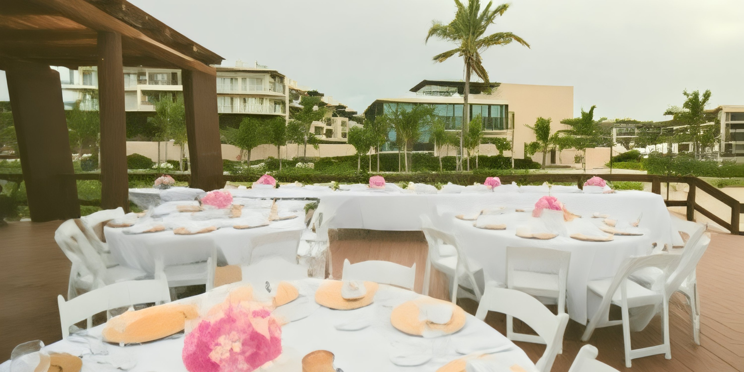 The wedding patio at Royalton Riviera Cancun is beautifully arranged with round tables, elegant white chairs, and stunning pink centerpieces, creating a perfect setting for a destination wedding.