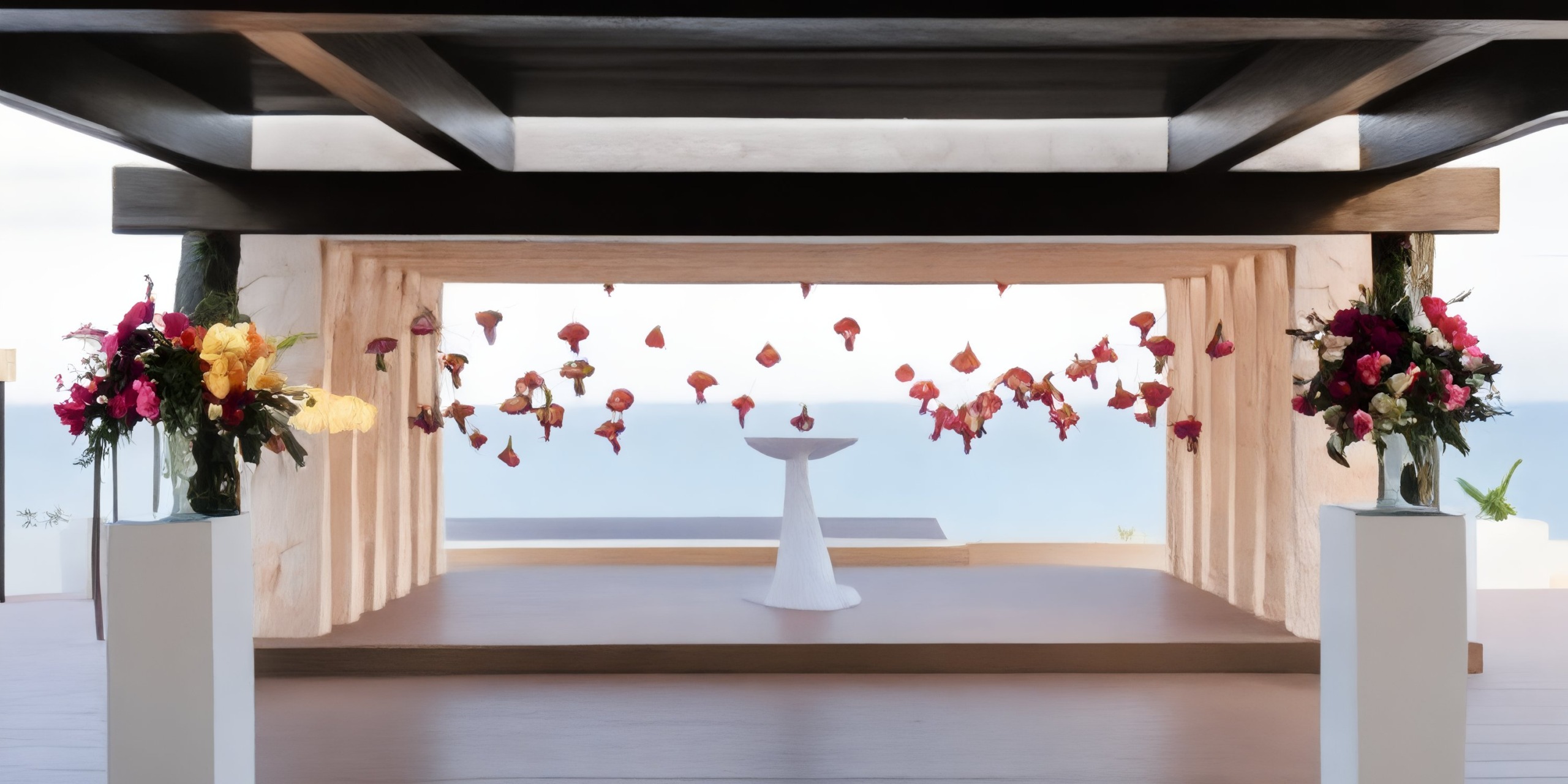 Floral arrangements elegantly float atop a central pedestal, making them perfect for weddings or destination weddings at Royalton Riviera Cancun.