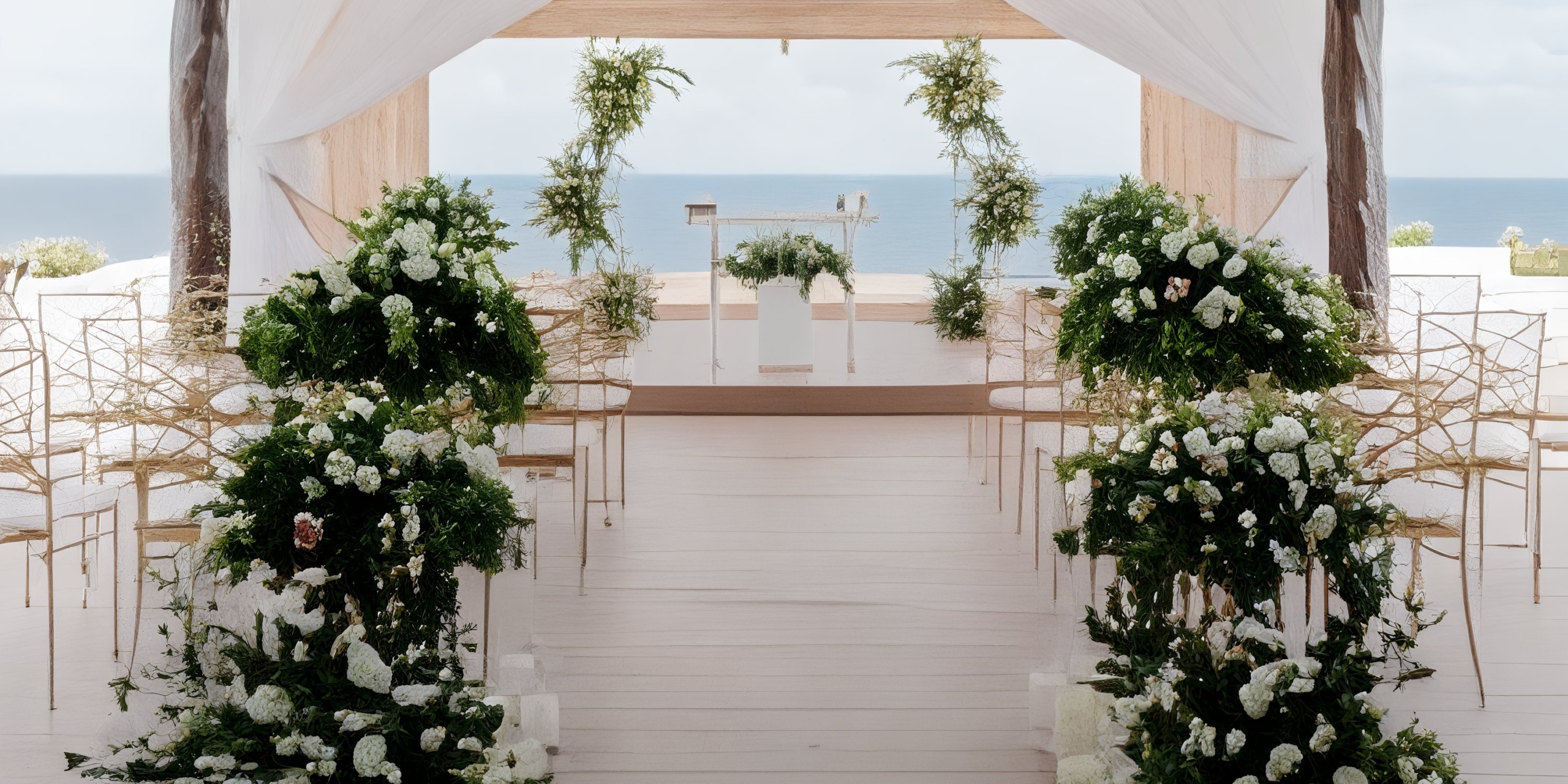 Ocean-view wedding altar at Royalton Riviera Cancun: a stunning setting with white flowers gracefully arranged under a charming wooden canopy, perfect for your dream destination wedding.