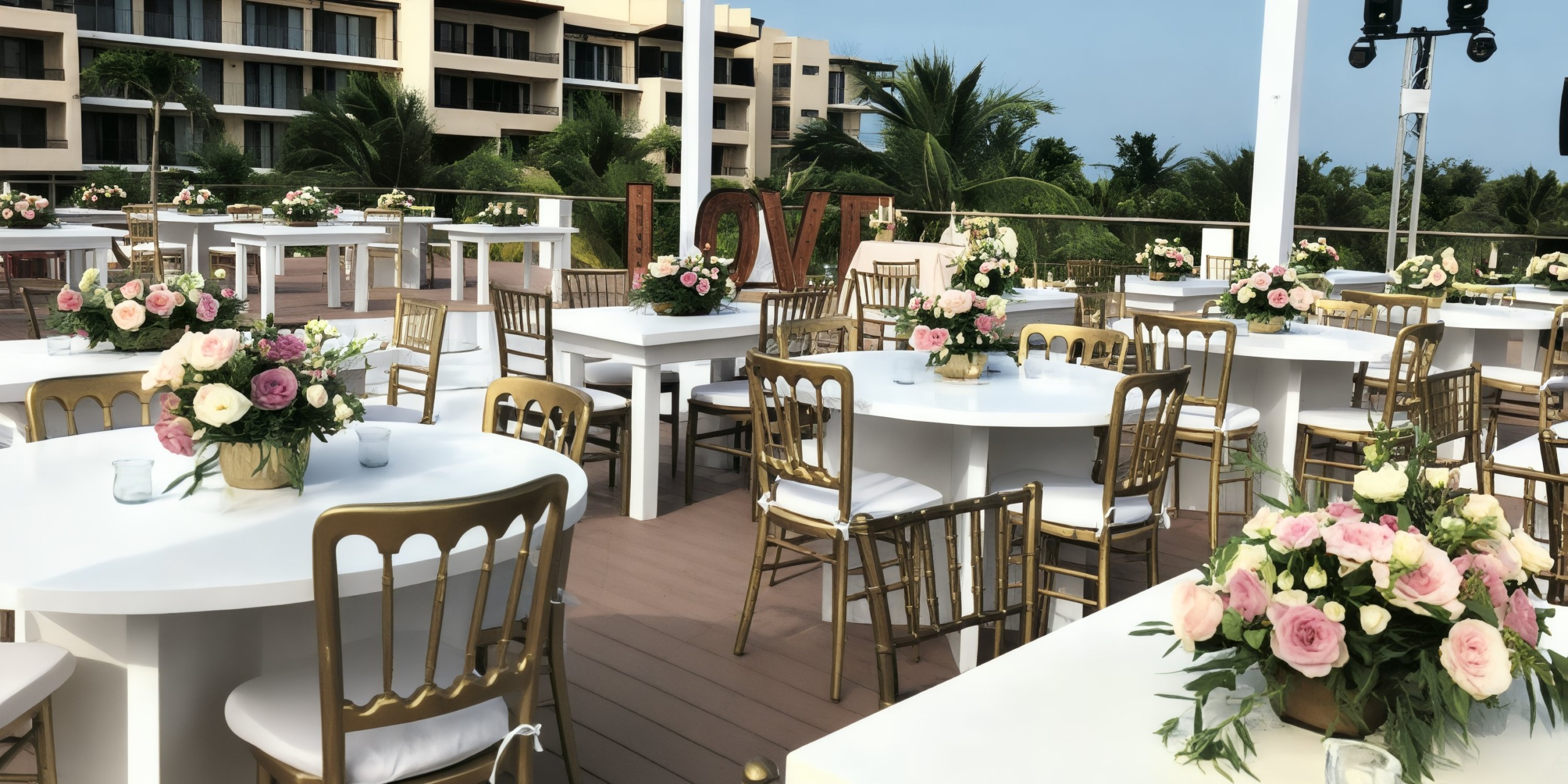 A destination wedding at the Royalton Riviera Cancun is elegantly arranged with round tables adorned with flowers and complemented by gold chairs.