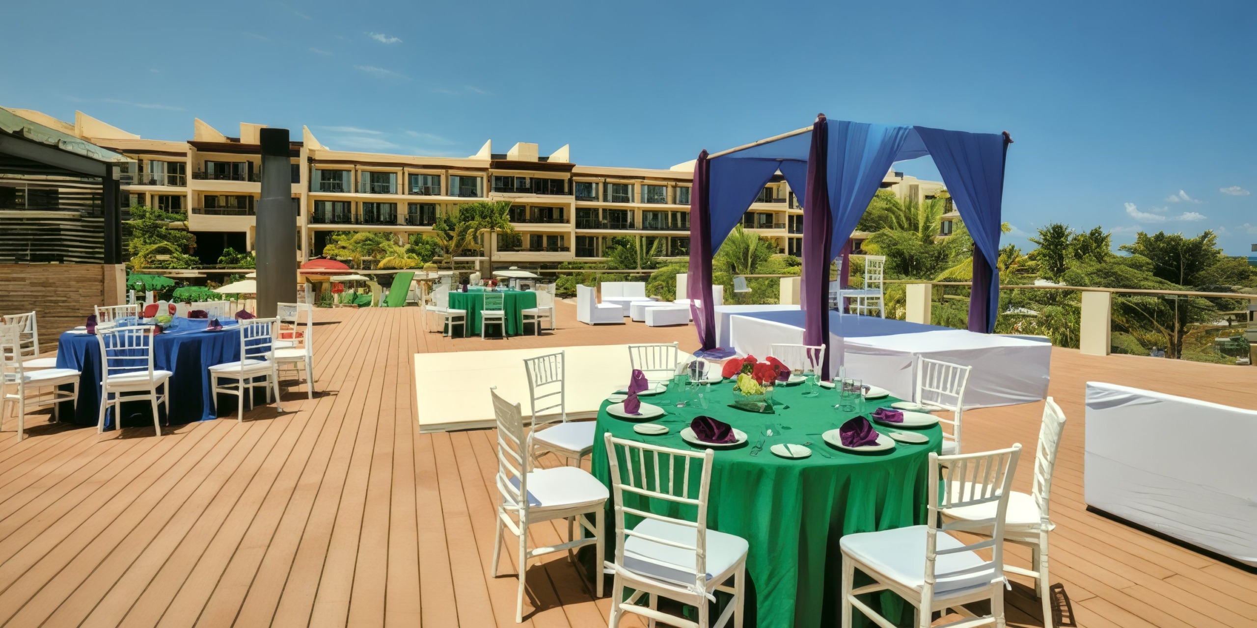 Destination wedding setup at Royalton Riviera Cancun featuring round tables with a view of a modern building.
