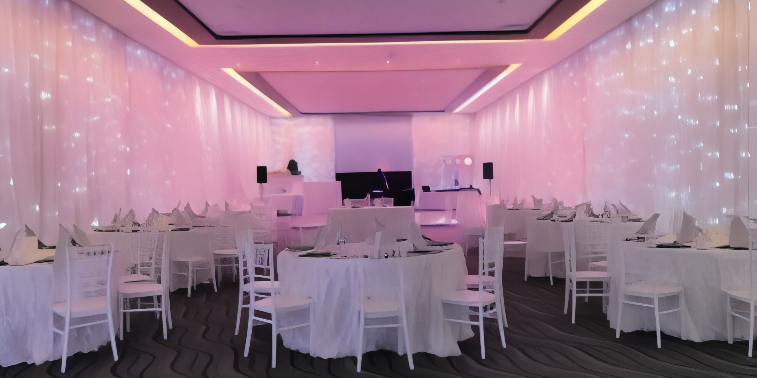 The elegant Royalton Riviera Cancun venue offers a perfect setting for a destination wedding, featuring white tables and chairs complemented by soft pink lighting.
