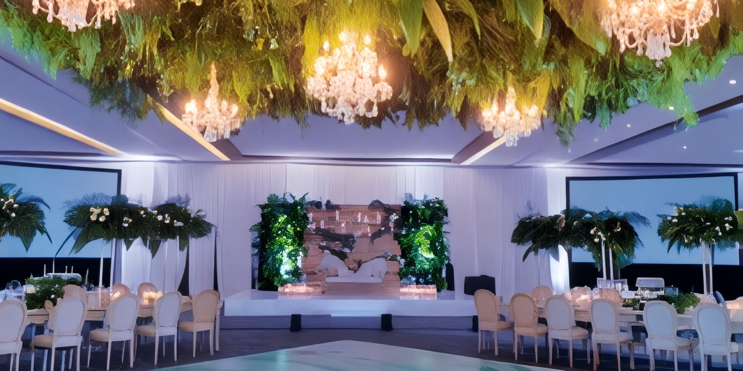 The Royalton Riviera Cancun offers a stunning setting for destination weddings, featuring elegant chandeliers, lush greenery, and beautifully arranged round tables.