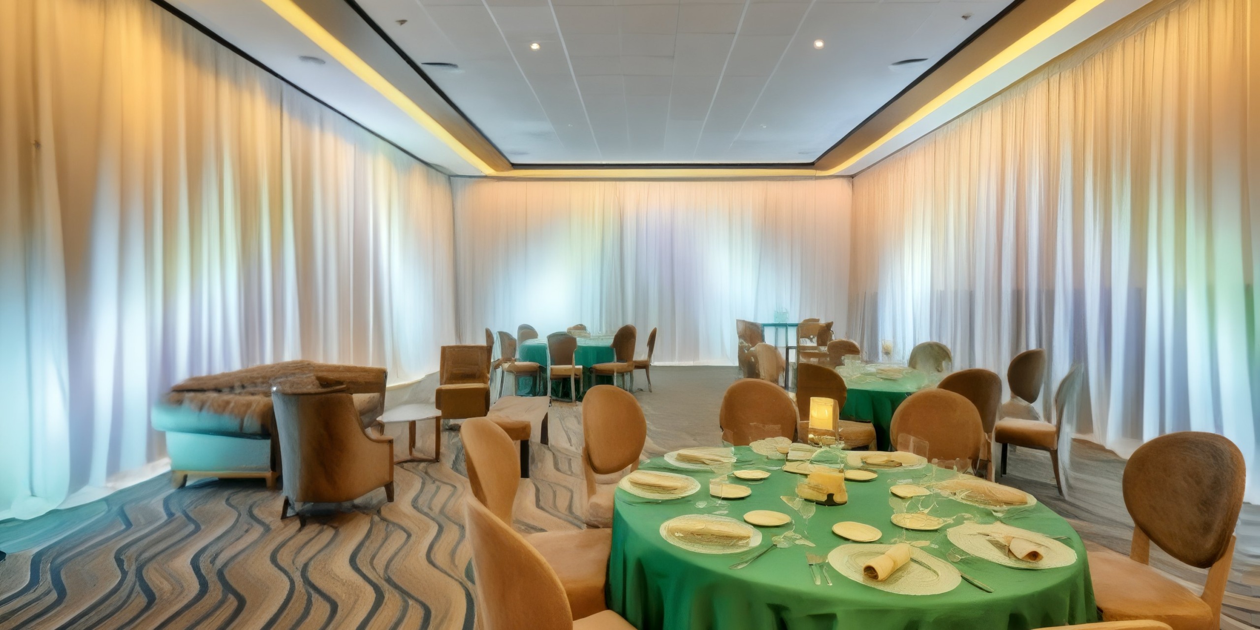 Experience the elegance of a destination wedding at Royalton Riviera Cancun, featuring beautifully arranged dining setups with round tables adorned in lush green tablecloths.