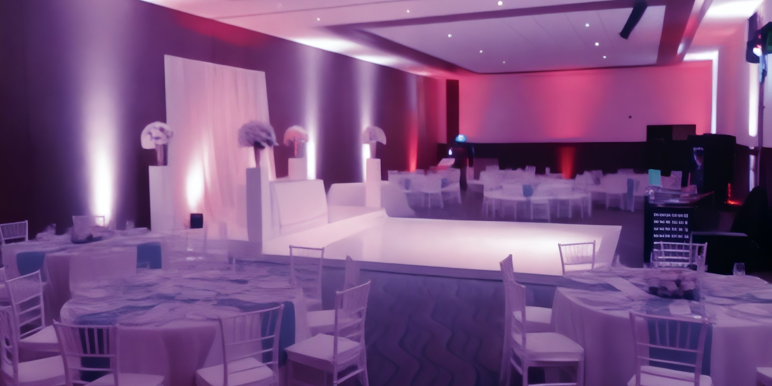 The dimly lit event hall, featuring round tables and chairs, creates the perfect ambiance for a destination wedding at the Royalton Riviera Cancun.