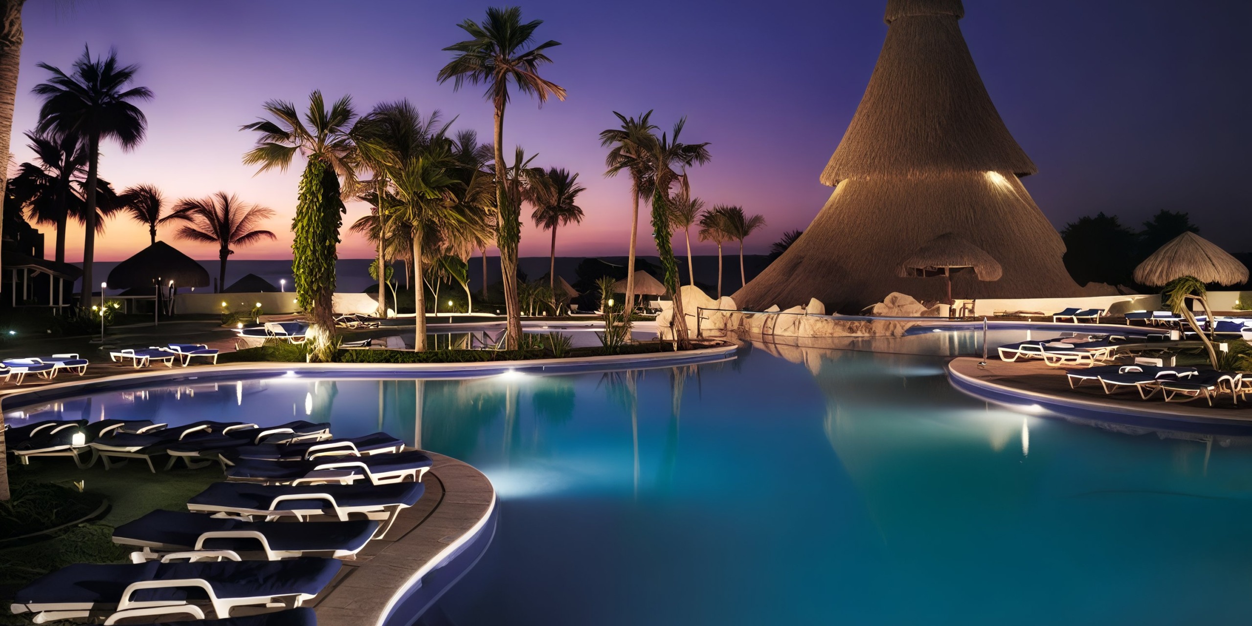 The pool area at Sandos Finisterra Los Cabos during sunset showcases palm trees, a thatched-roof structure, and is lined with lounge chairs.