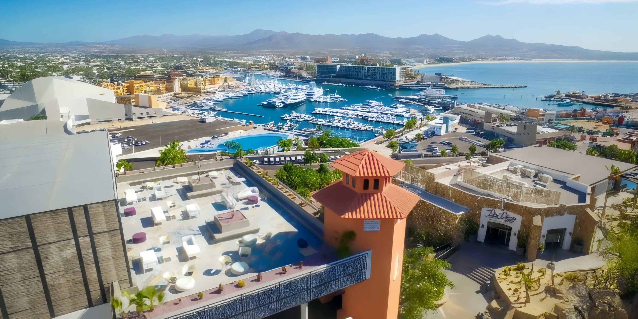 A sunny view of the Sandos Finisterra Los Cabos marina, featuring boats, harbor structures, and the encircling mountains.