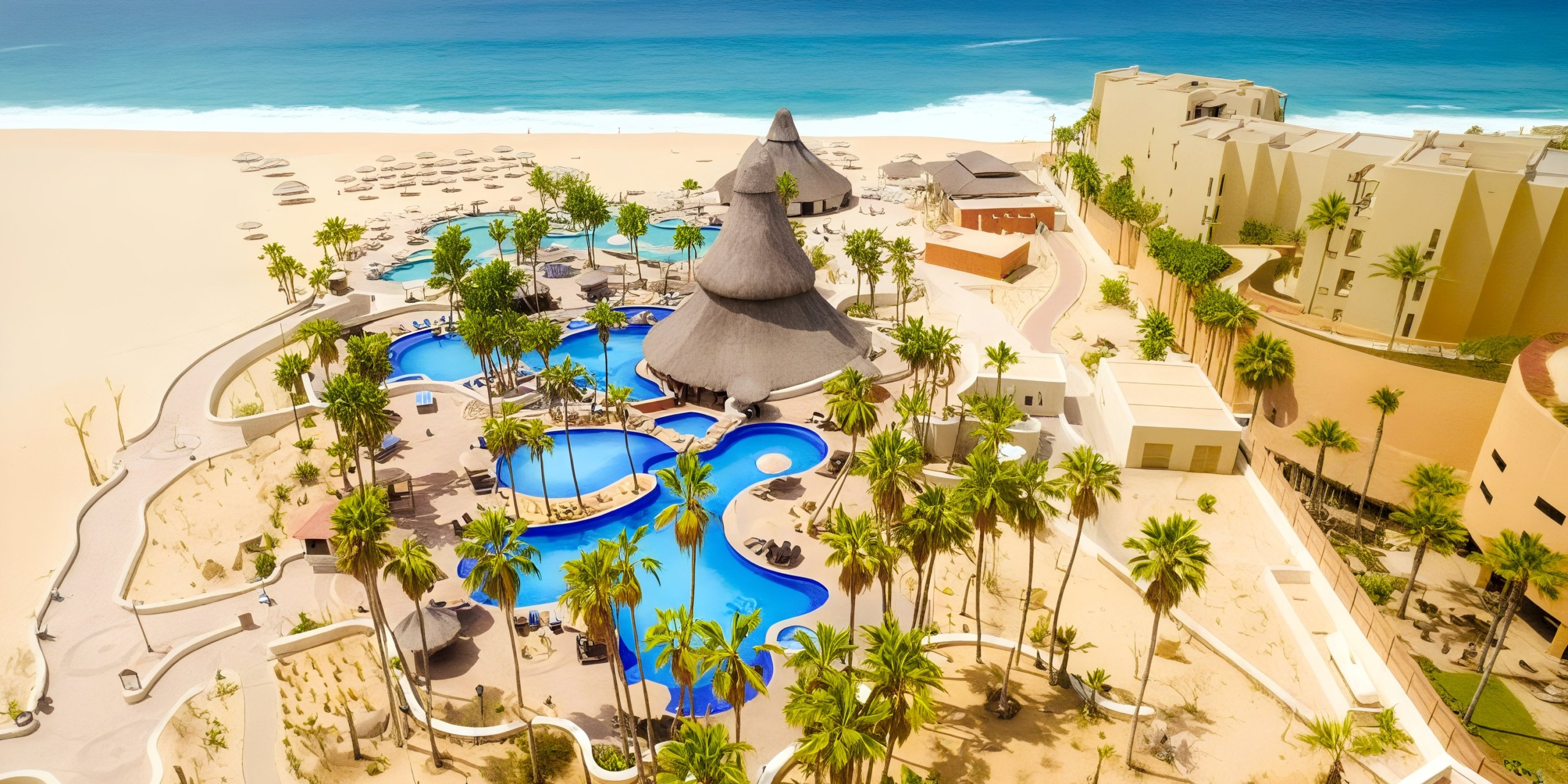 Aerial view of Sandos Finisterra Los Cabos featuring multiple blue pools, surrounded by palm trees and a large thatched-roof building near the ocean.