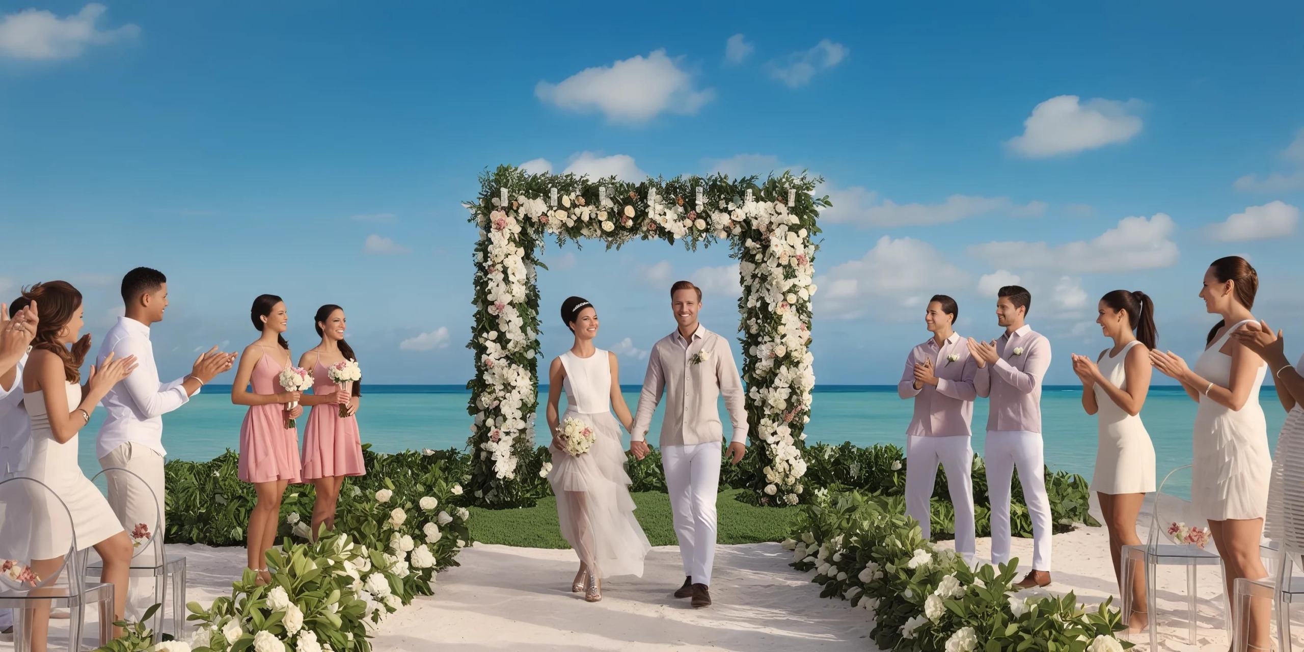 A bride and groom walk down the aisle under a floral arch at their wedding hosted at Secrets Cap Cana. Bridesmaids and groomsmen stand on either side, clapping and smiling under a clear blue sky.